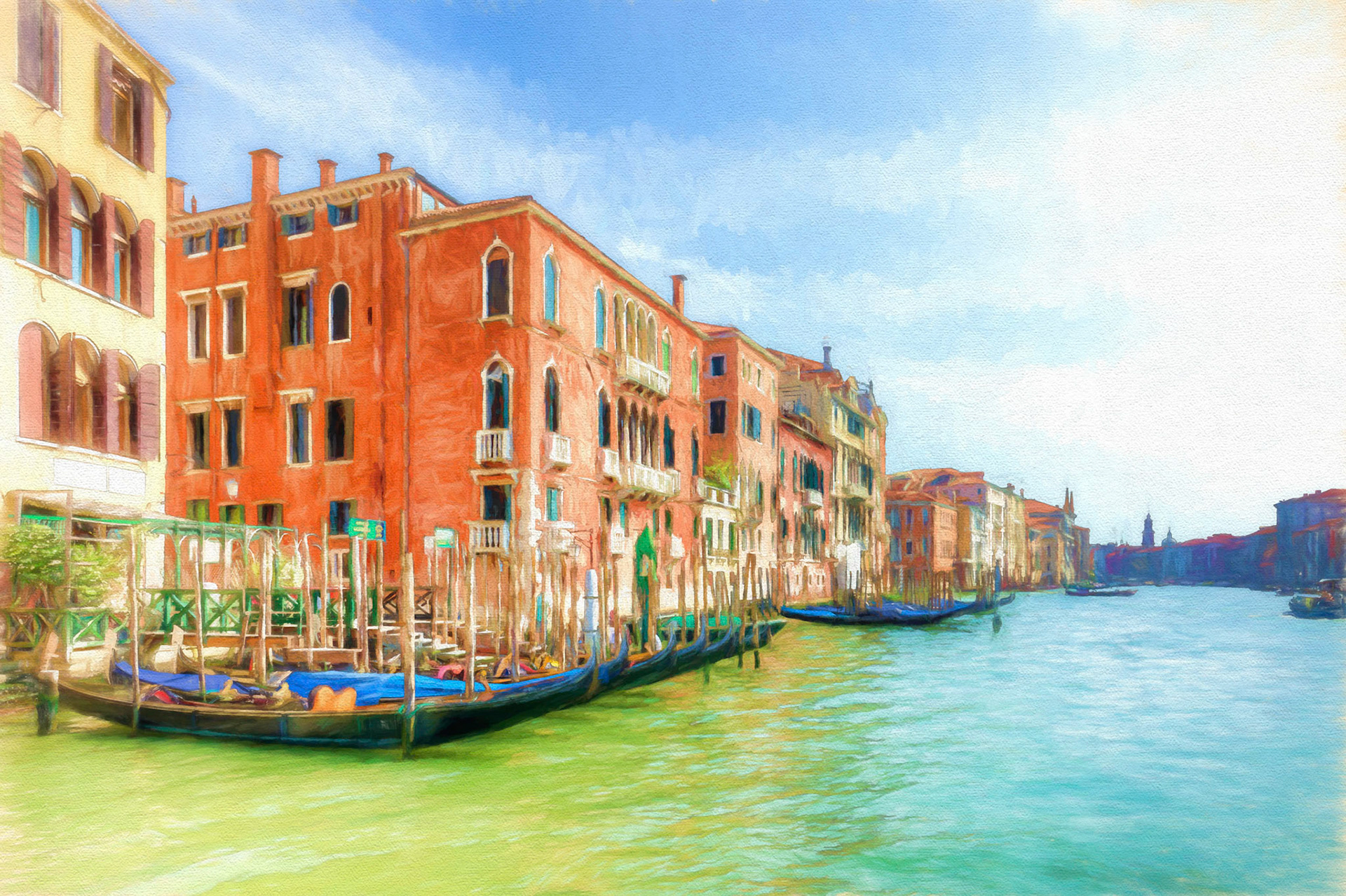 Gondo;as at rest on the Grand Canal