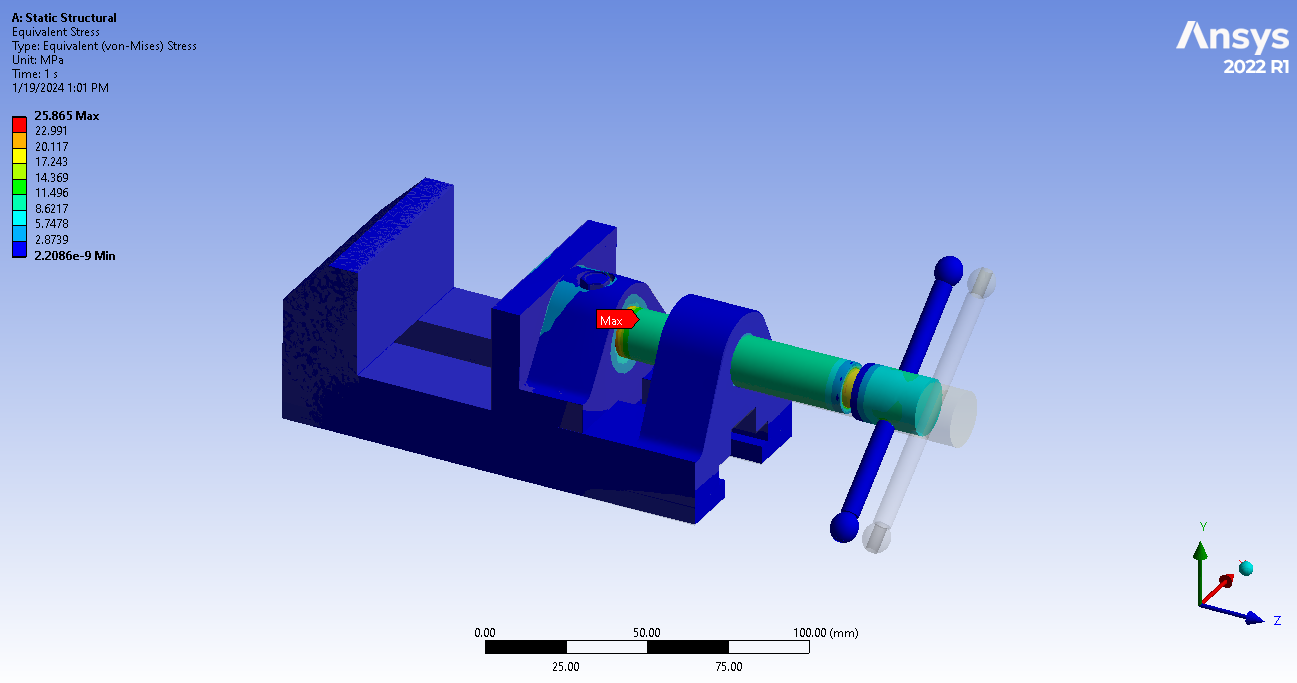 Max Equivalent Stress occurs on Jaw Screw of about 25 MPa (all components are structural steel)