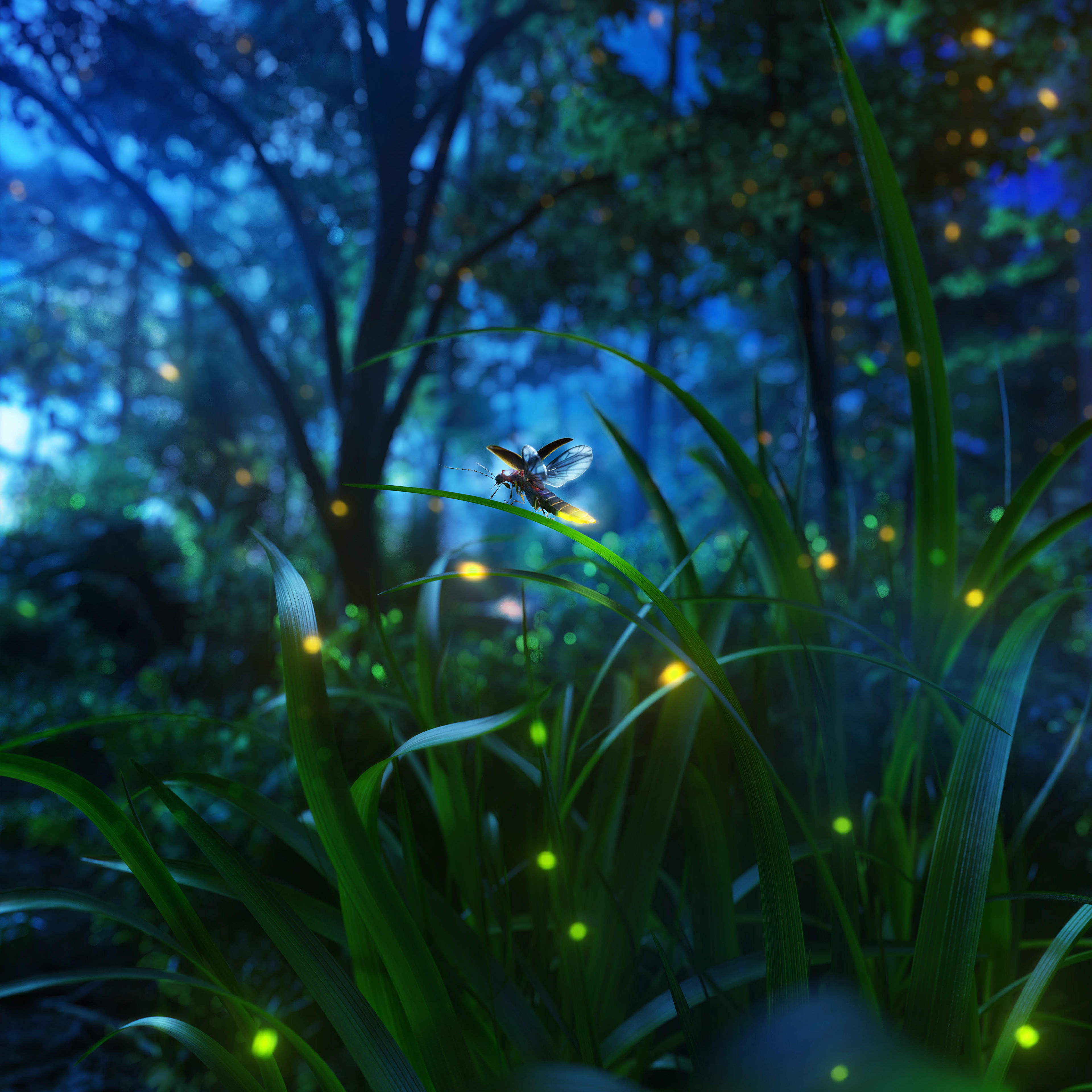 Premium Photo  Realist forest, forest, blue leaf, blue grass, fireflies,  night