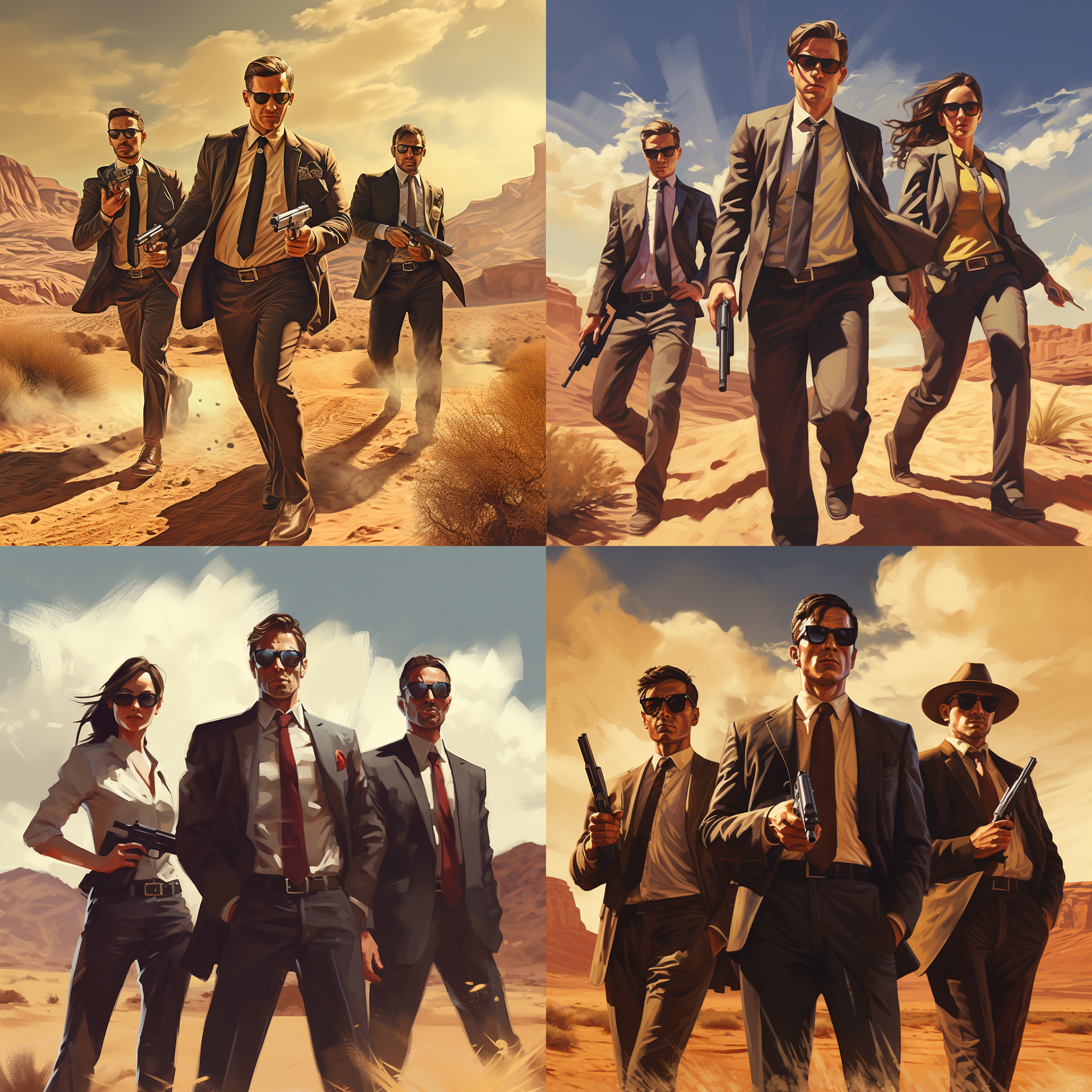 Three FBI agents in a desert, guns drawn