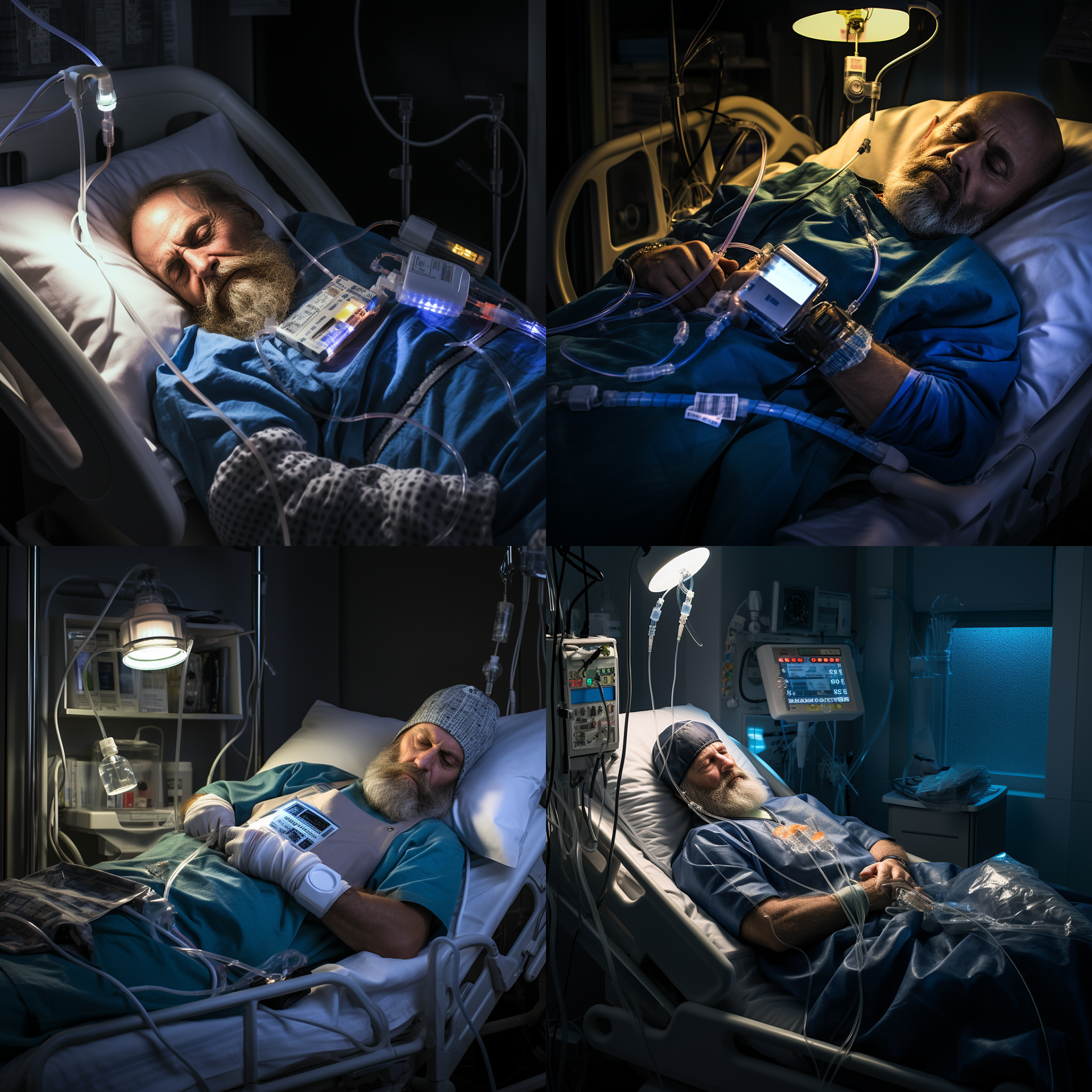 Hospital bed, unconscious 55 year old bearded male patient lying down with bandages on his head, IV unit plugged into his arm by tube, dark lighting, full body, birdseye view