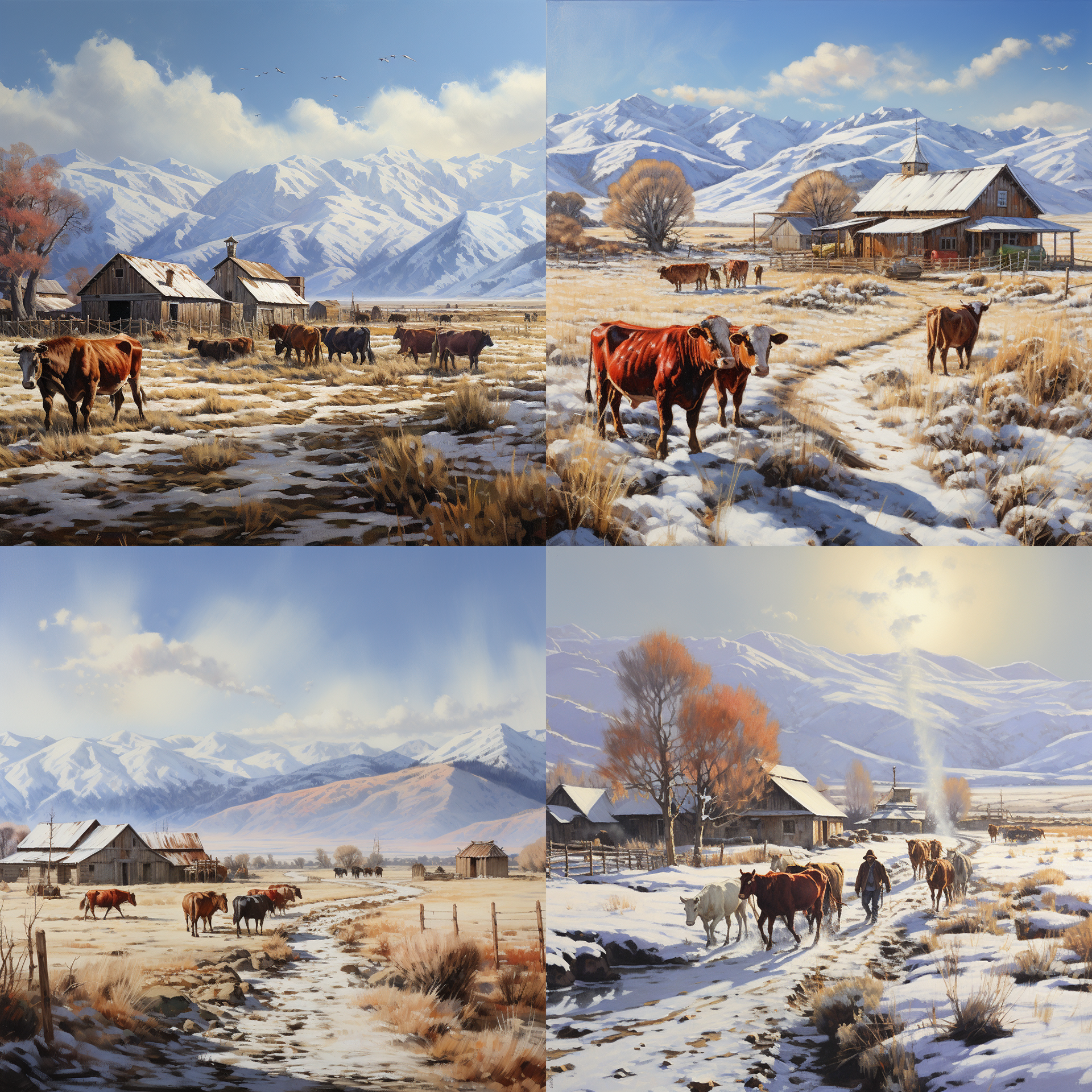 Old farm, winter, mountains in background, cattle roundup