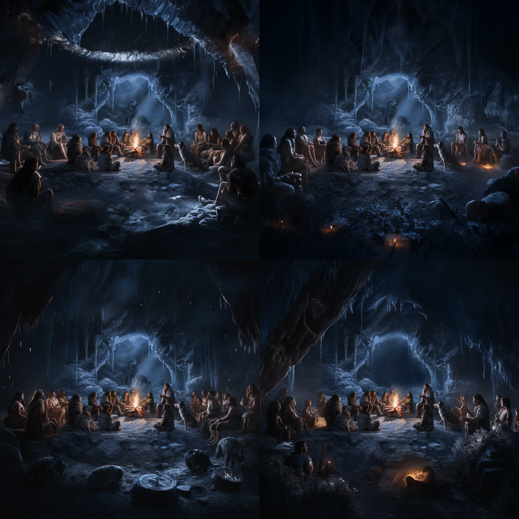 Large cave interior with large family of Neanderthals around a small bonfire, with a few pet wolves