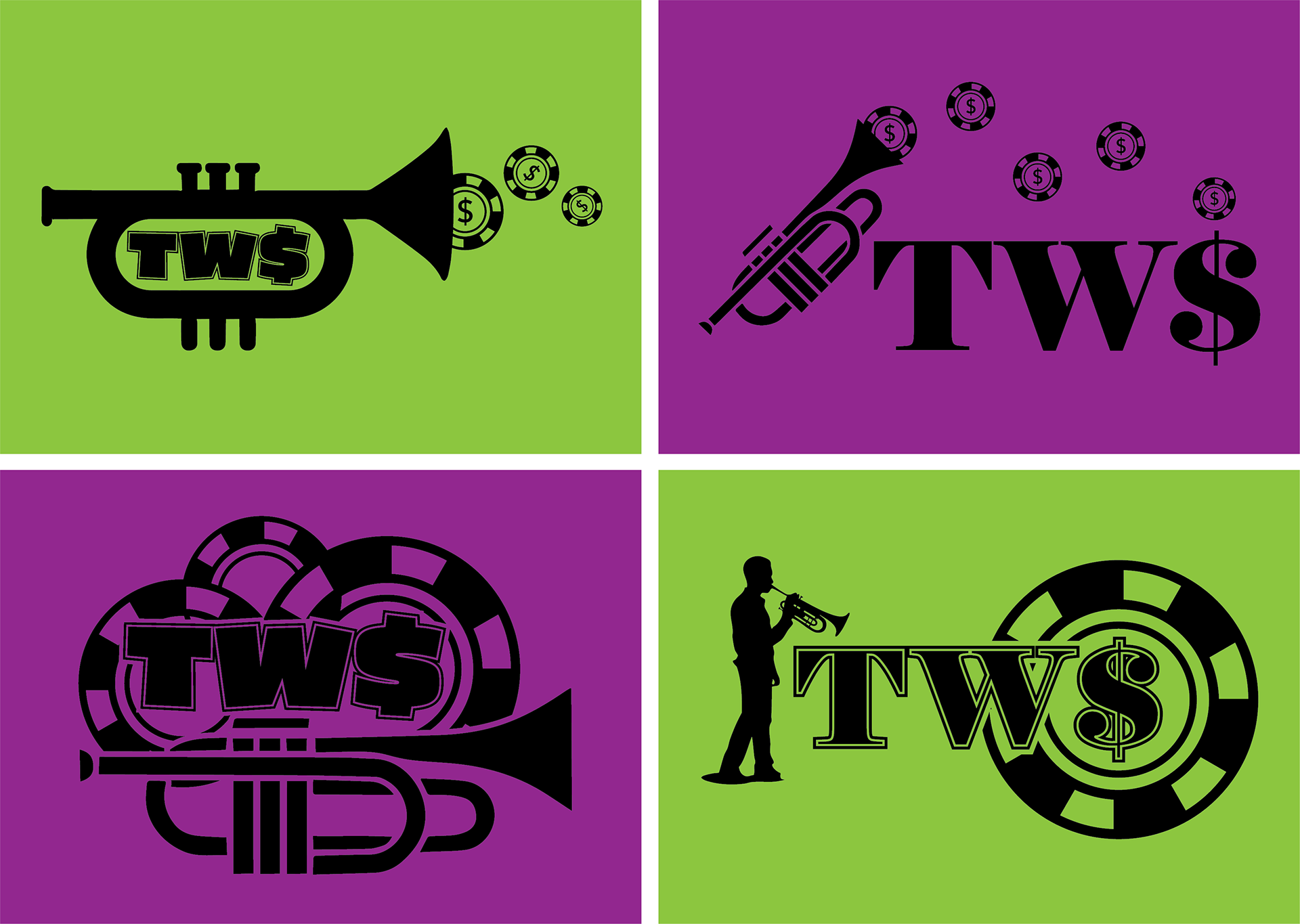 TWS or Trumpet Wife Slots logo concepts for a client's YouTube channel who wanted to combine her slot playing with her husband's trumpet playing into a logo.