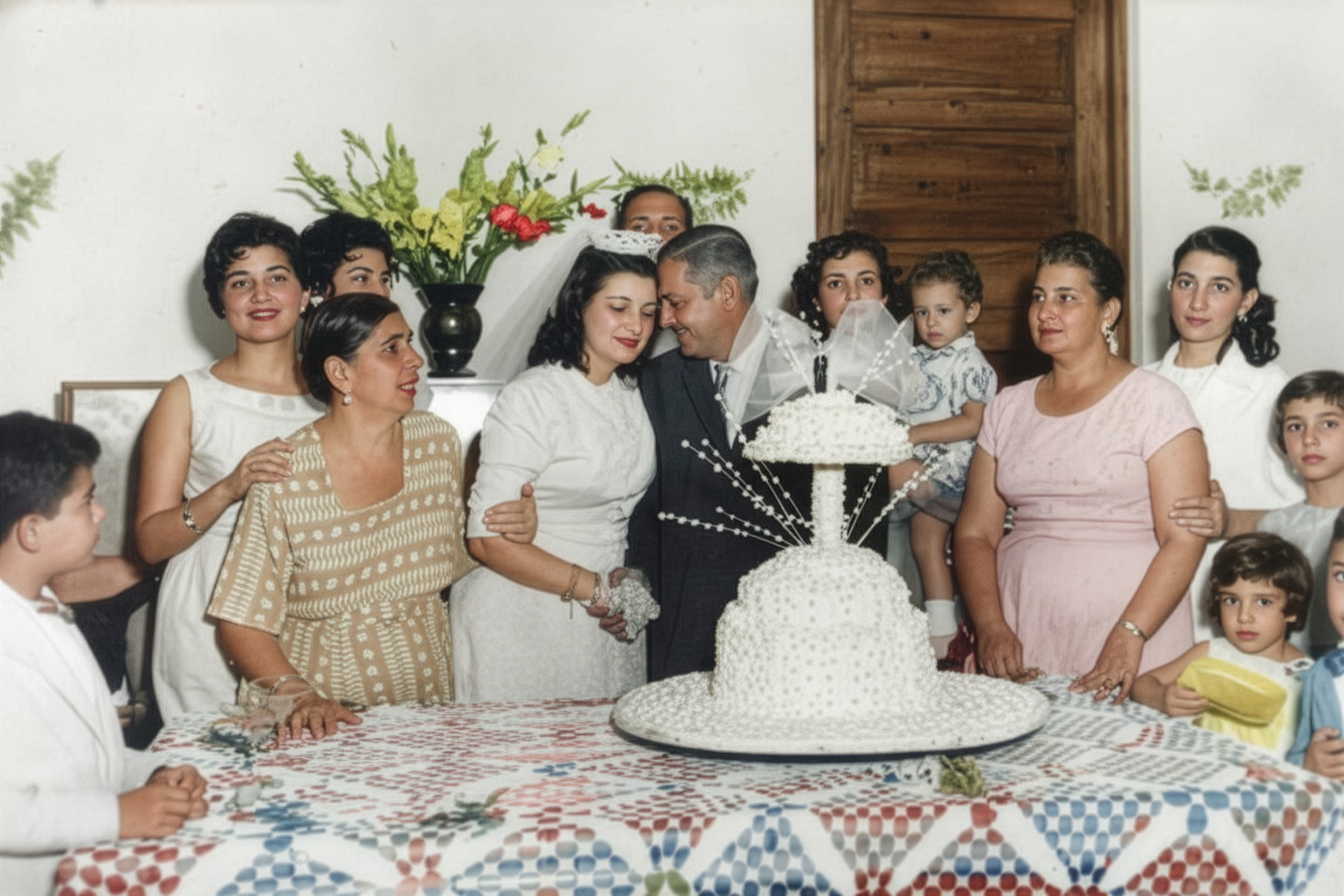 Antonina(Regina) Bodas Blanca y Miguel, a la derecha Ercilia y Margot, nino en brazos Violeta. atras de Antonina Emilia y Abdala(Domingo)