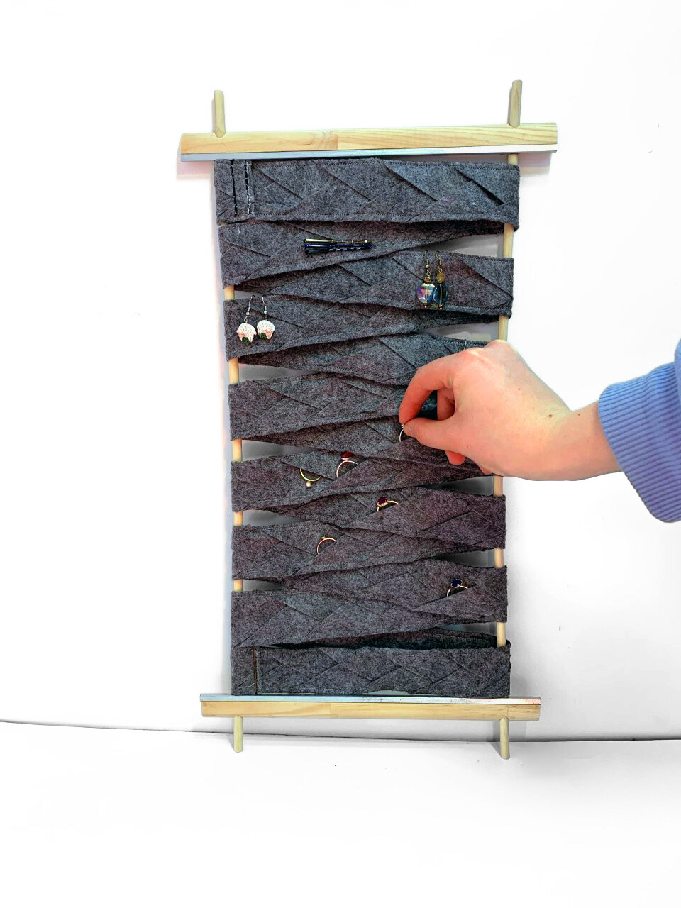 Assembled, woven and ready to store jewelry.