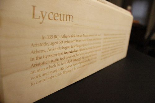 Lyceum Front The front of the wooden package details what Lyceum is. Aristotle founded a school called Lyceum in Greece, gathering around him brilliant research students.