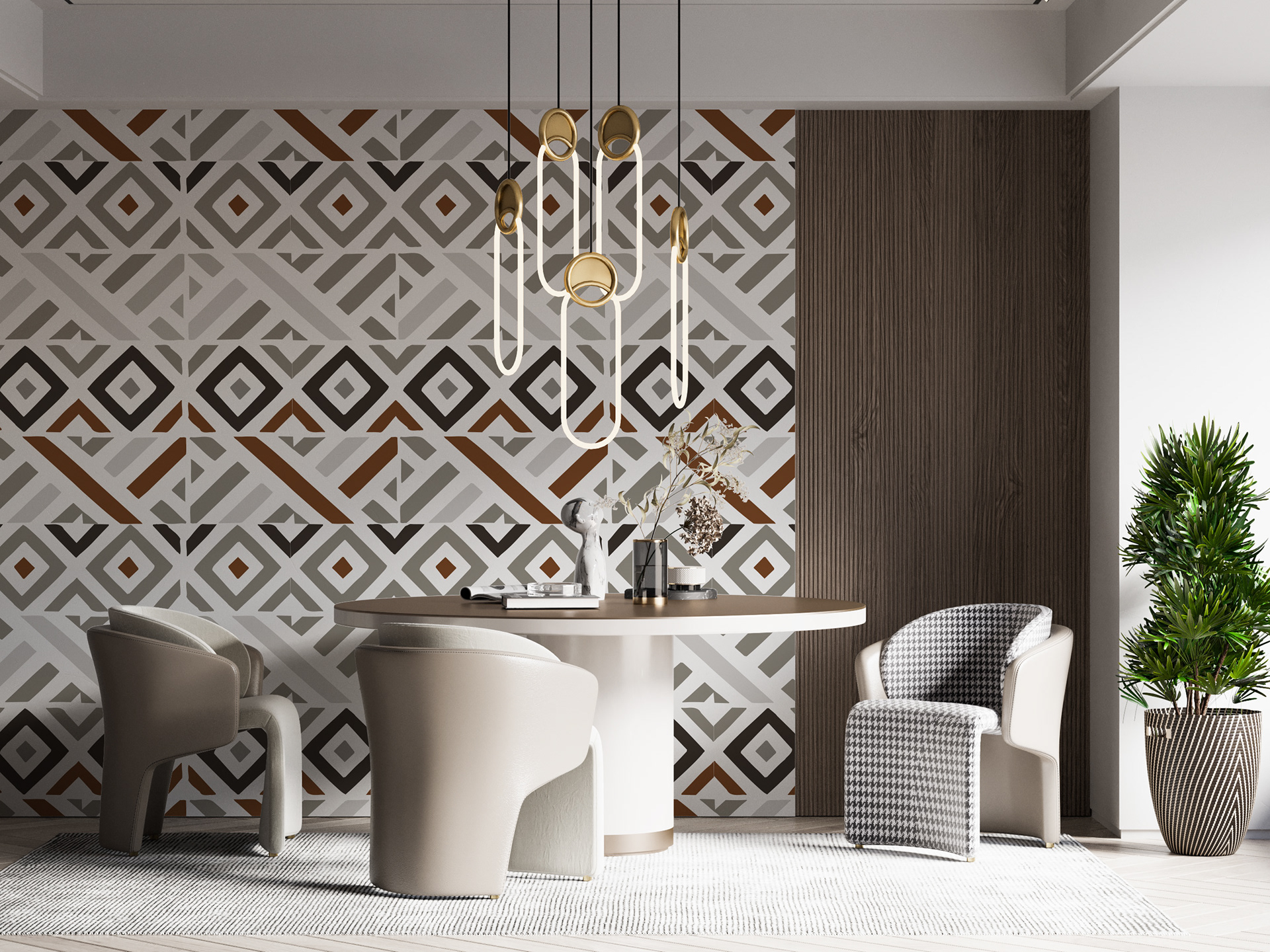 Une harmonie de brun, gris et noir en reprenant les tons des boiseries et du mobilier pour parfaire l'originalité de ce coin repas