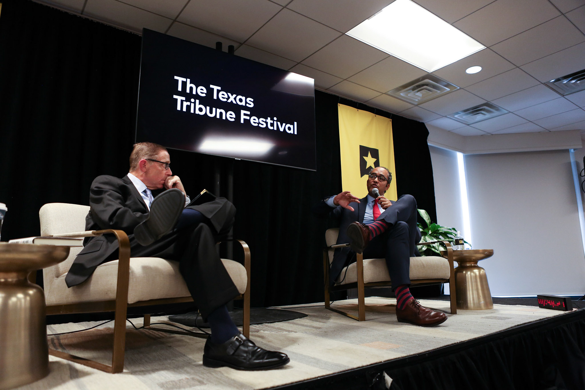 CEO of the Texas Tribune Evan Smith and Former republican congressman Will Hurd speaks at Texas Tribune Fest in Austin on Sept. 22, 2022.