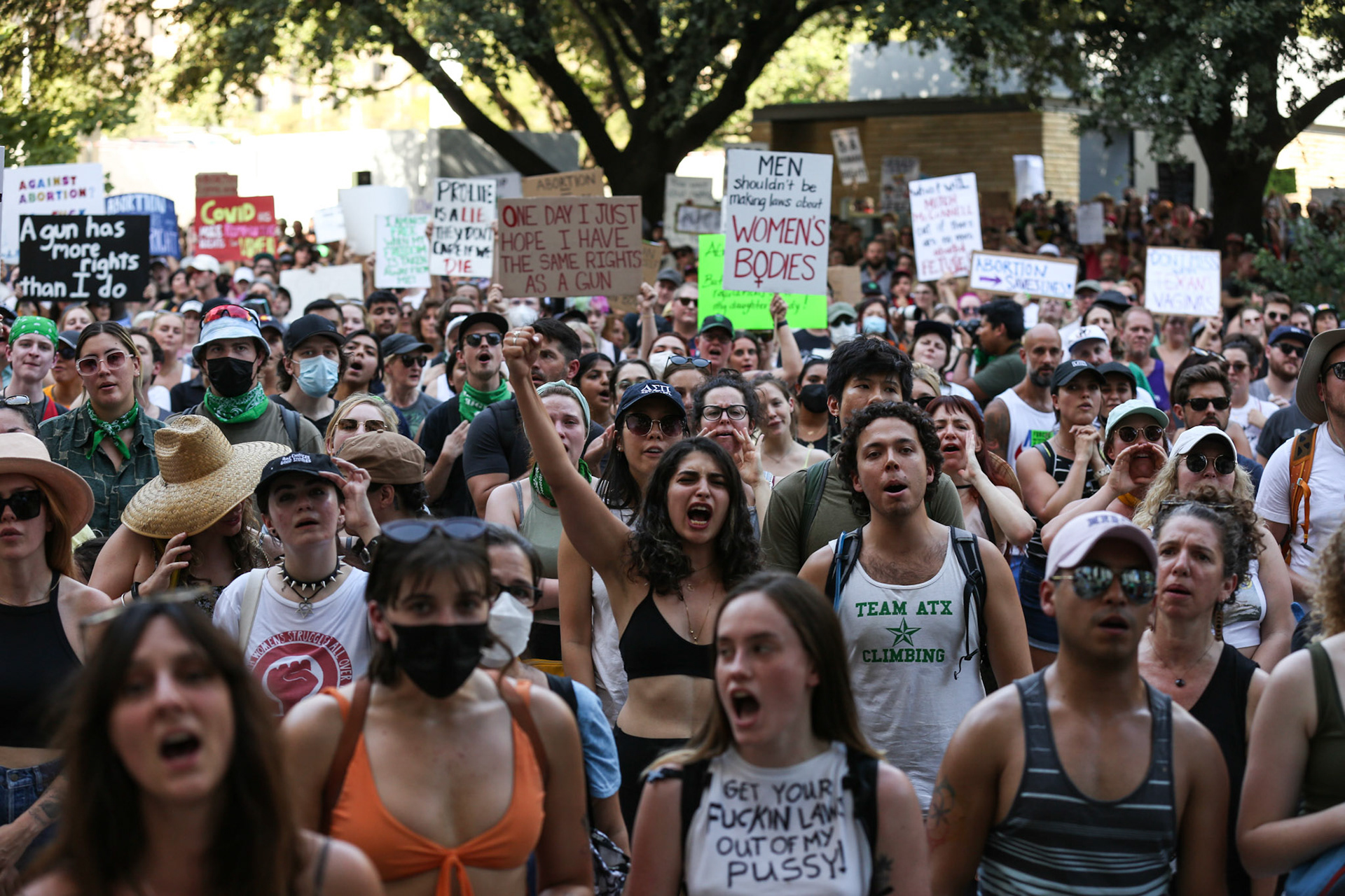 Protesters cheer in solidarity during an abortion rights protest at the Federal Courthouse Plaza on June 24, 2022.