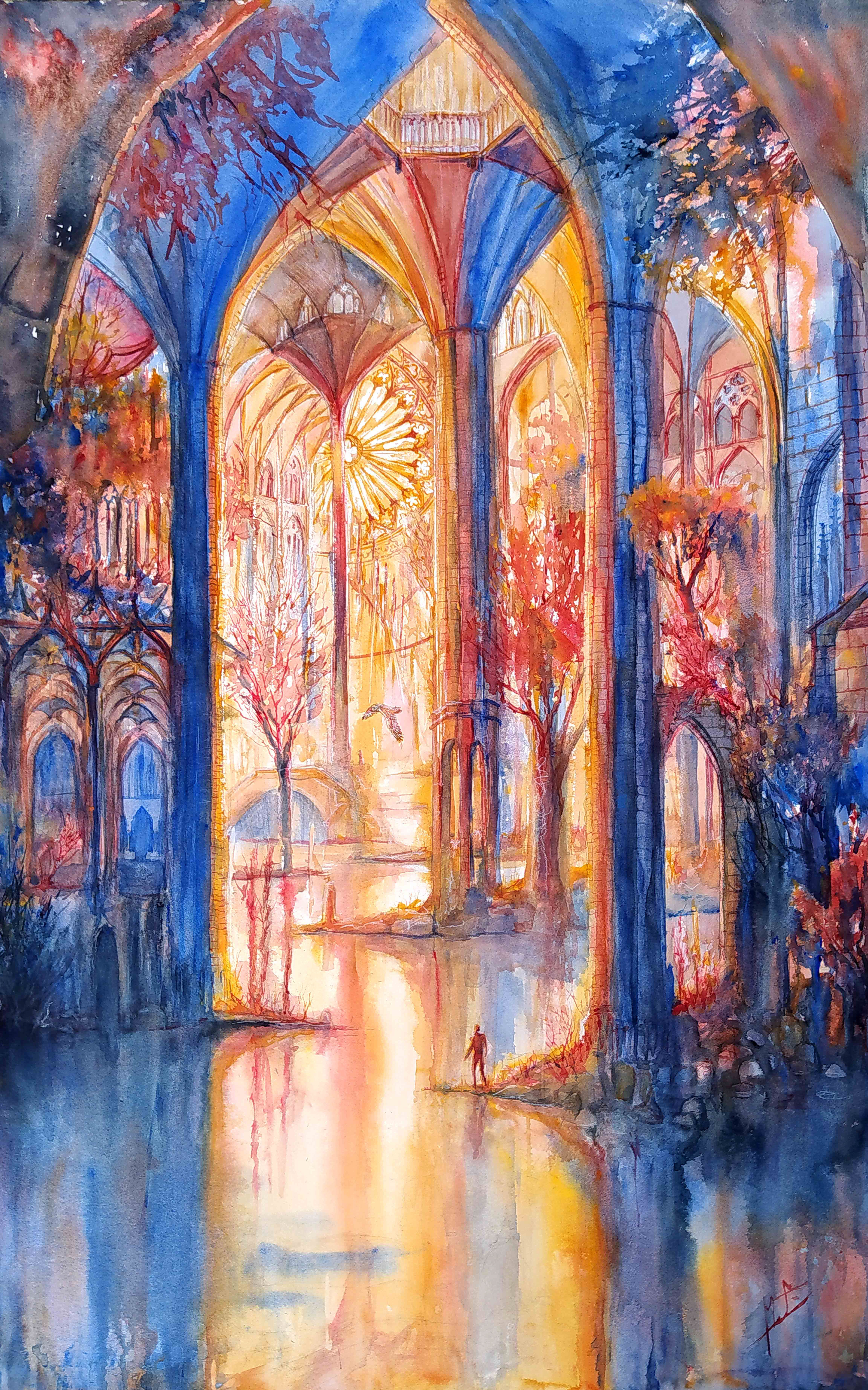 Cathédrale forêt aux couleurs vives et lumineuses