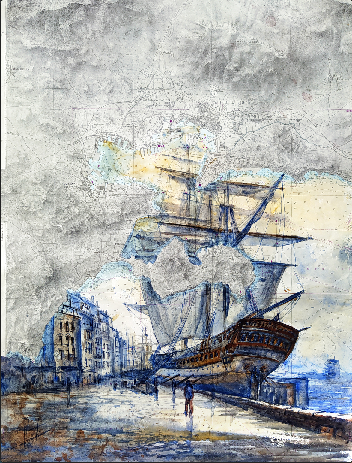 Port de Toulon. Aquarelle sur carte Nautique 47 x 65. Grand voilier XVIIIe en cale sèche.