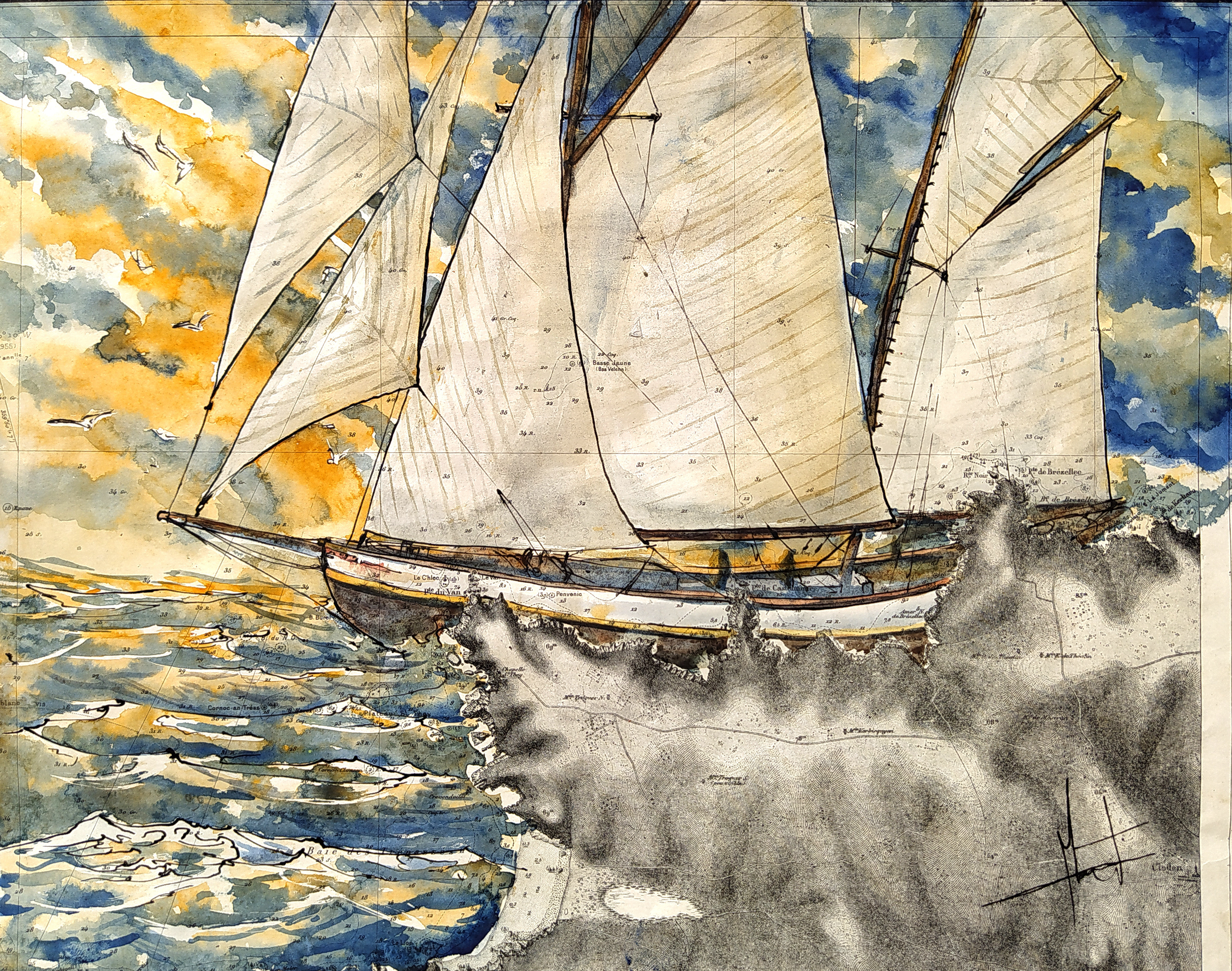 Ketch passant la pointe du Van. Aquarelle et encre de chine sur carte SHOM ancienne petit format (33/41 cm).