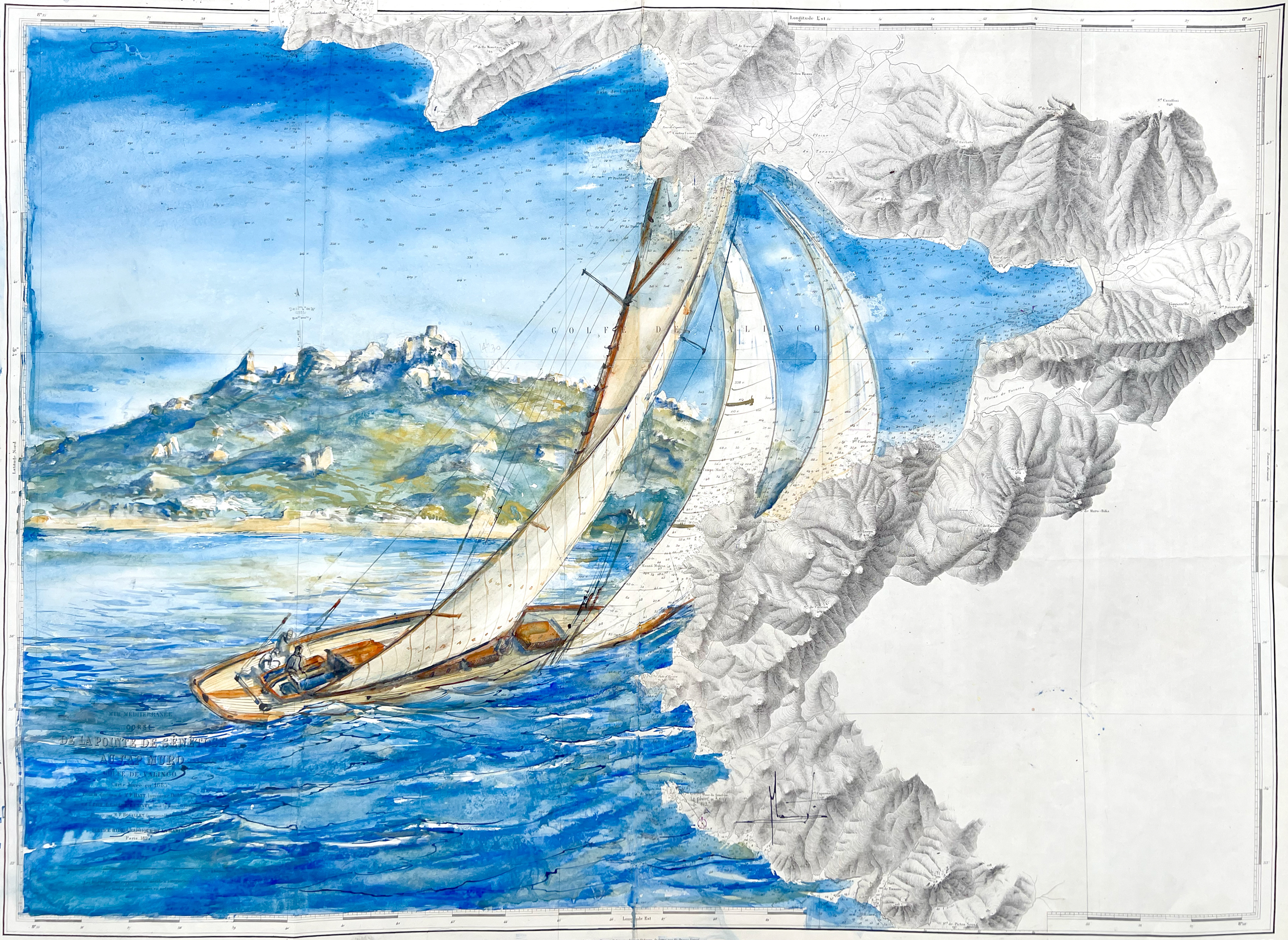Corse - Golf de Valinco. œuvre sur carte marine - Aquarelle - 100/50 cm