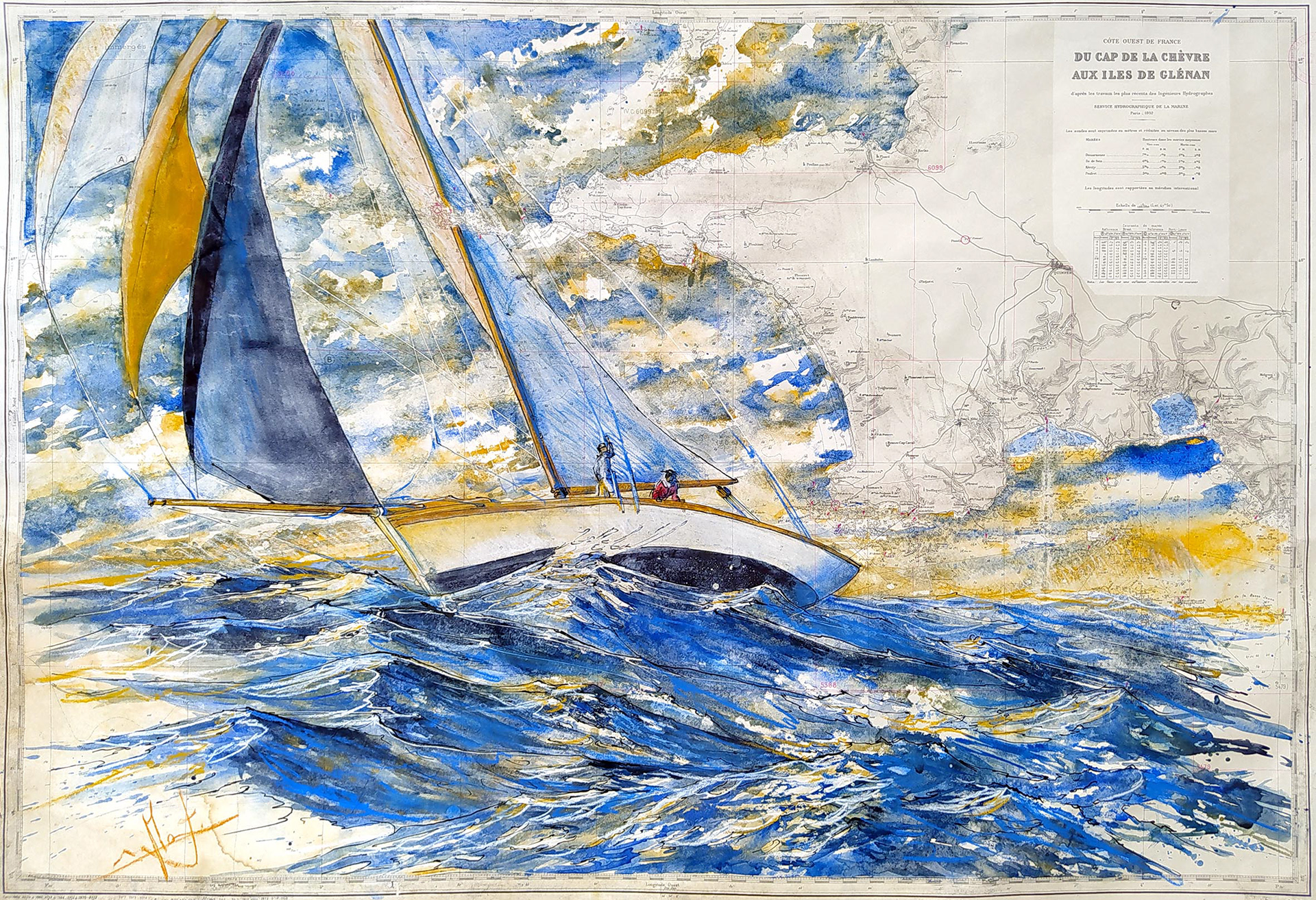 Du cap de la Chèvre aux Iles de Glénan. Aquarelle et pastel sur carte du SHOM