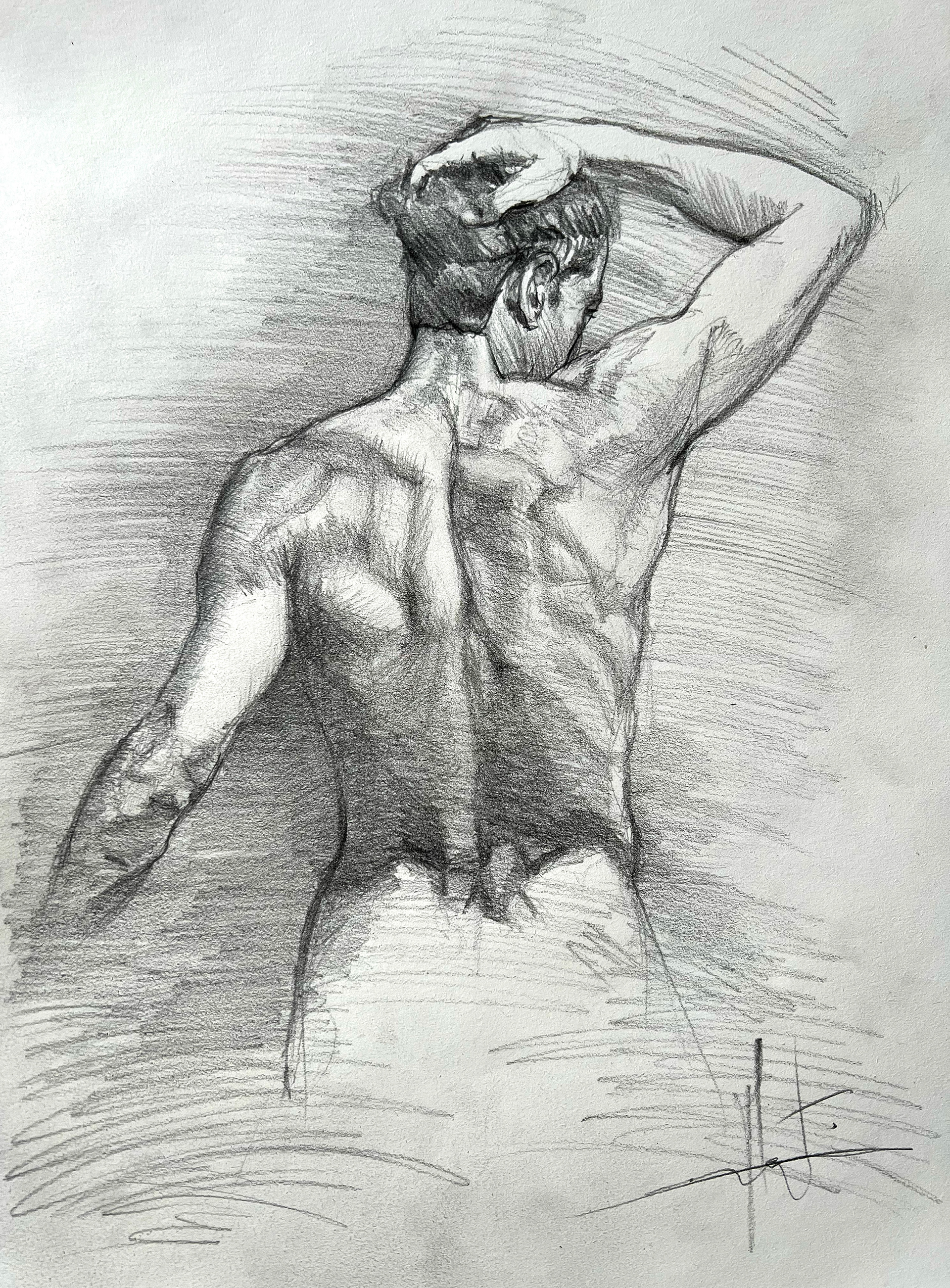 Etude de dos à la graphite. Modèle vivant