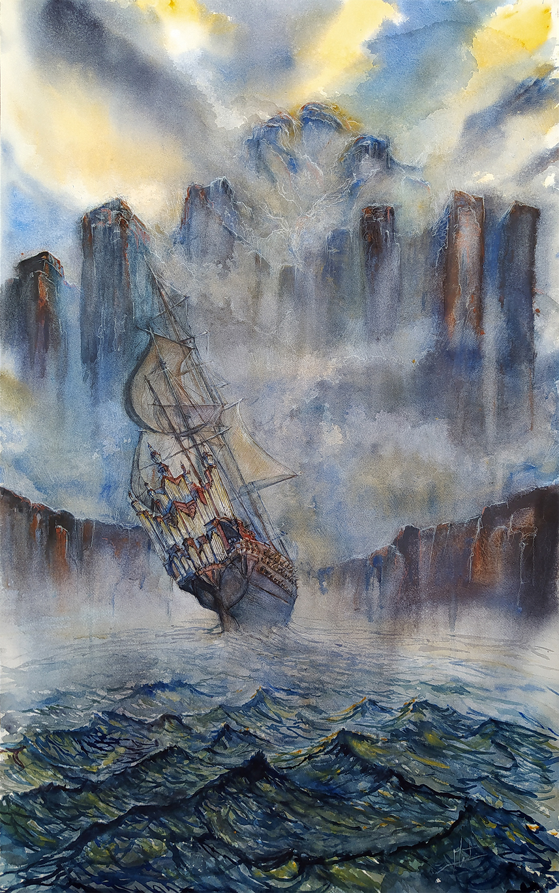 Peinture à l'aquarelle de Arnaud MArtin représentant une scène marine surréaliste et fantastiqu