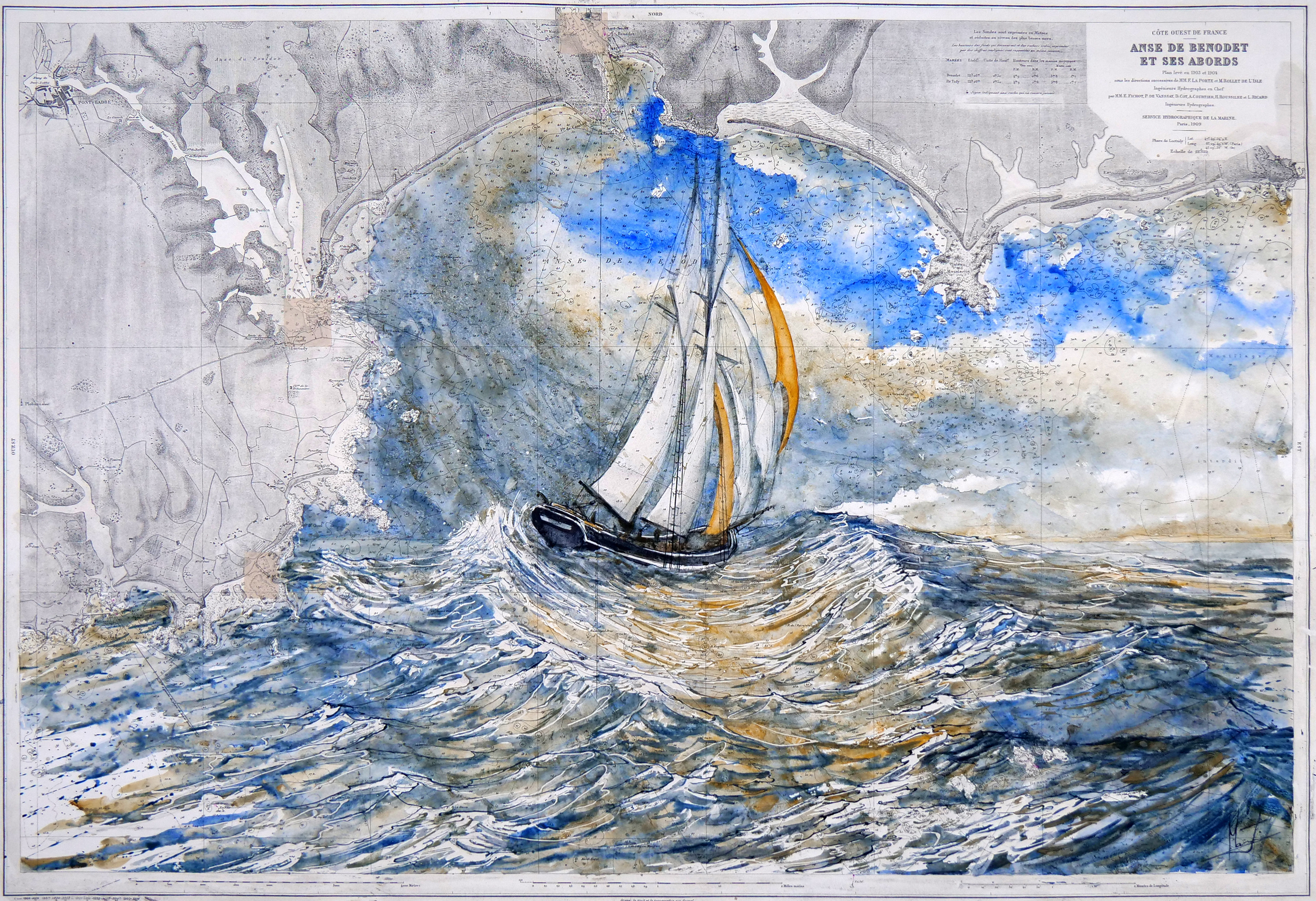 Sur carte marine : Goëlette dans l'anse de Benodet 97 x 67 cm. Date de réalisation 2024.