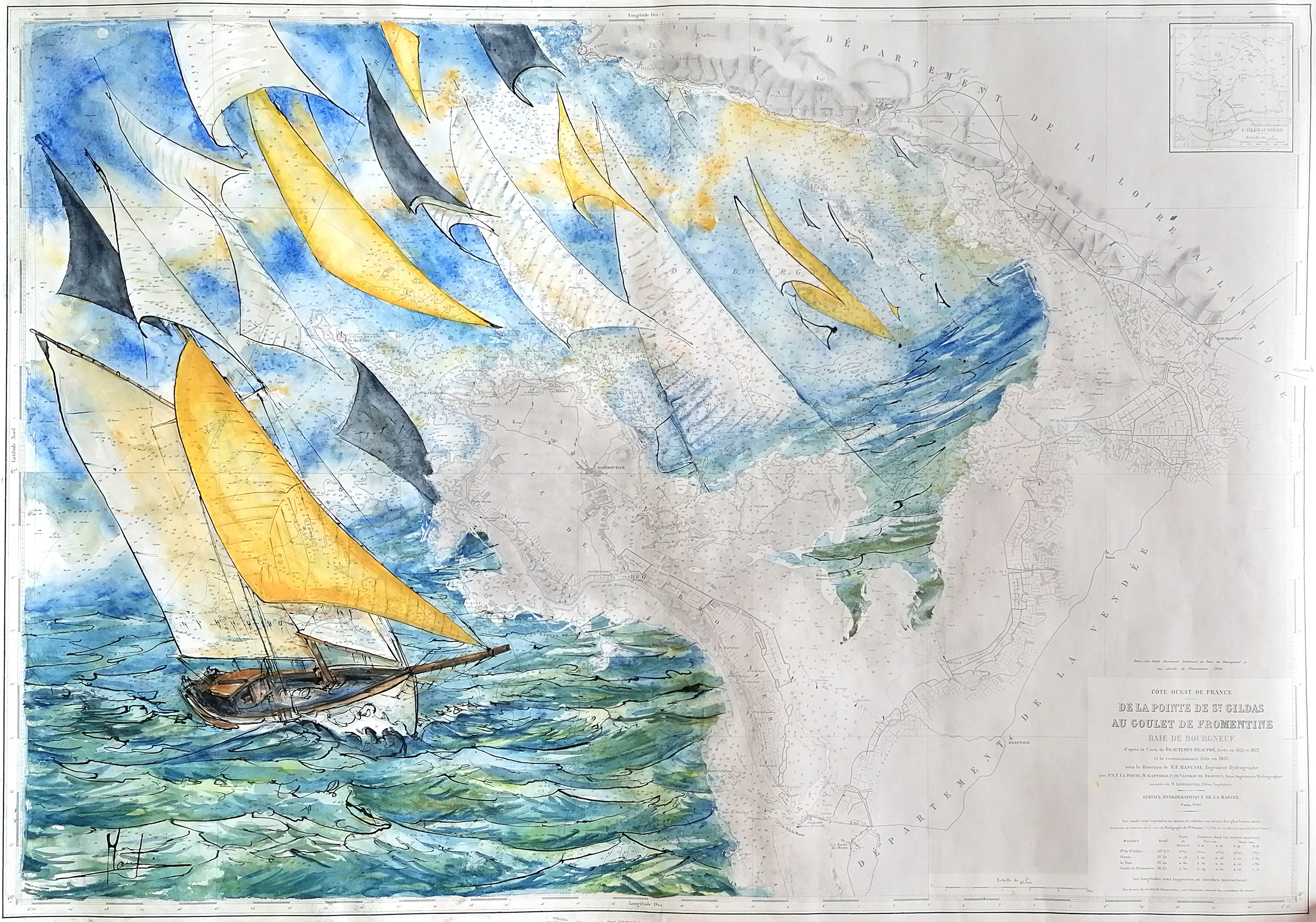 De la Pointe de Saint Gildas au Goulet de Fromentine - Carte marine peinte à l'aquarelle. 100/70 cm.