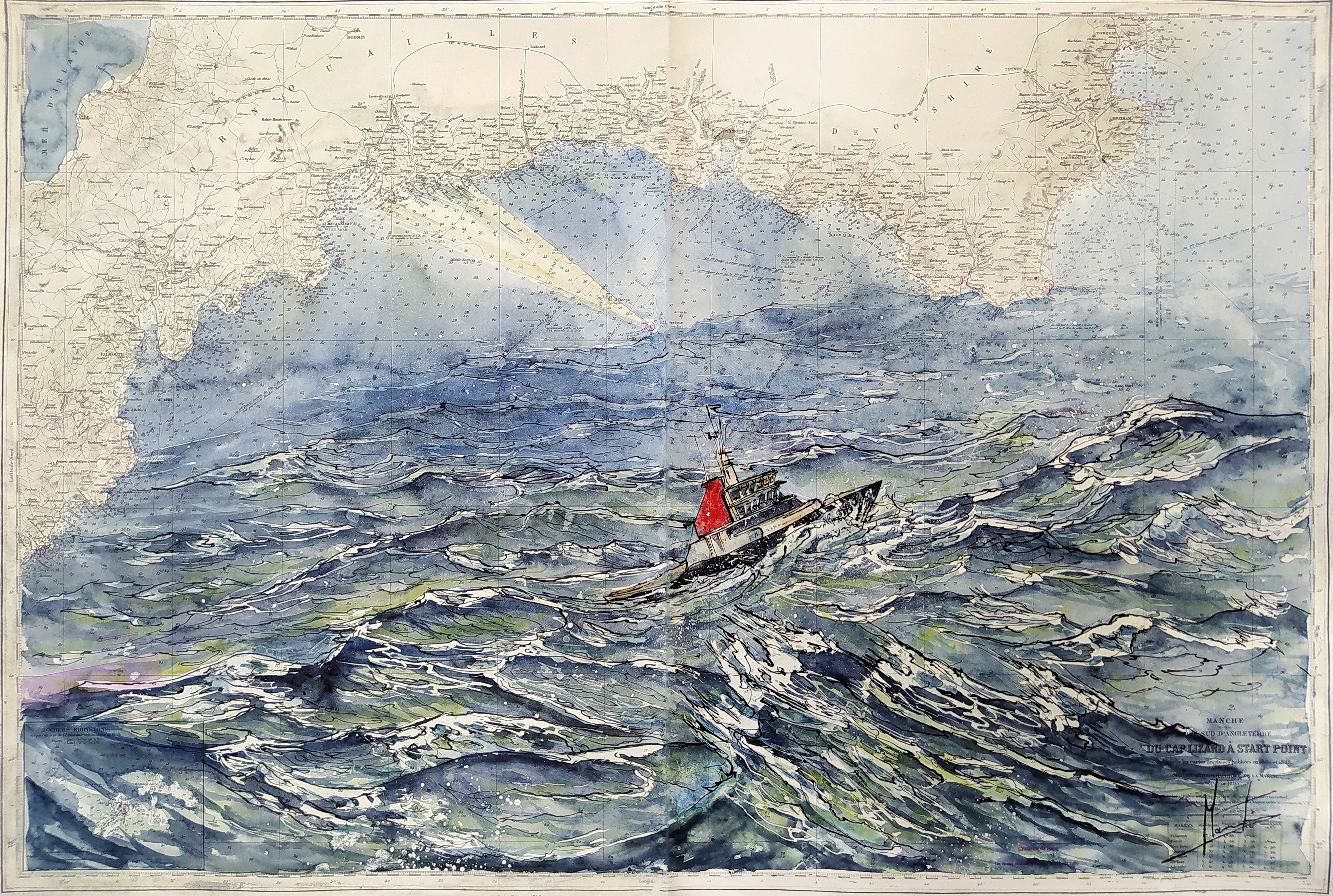 Lumière d'Eddystone. Carte de la cote sud-ouest de l'Angleterre avec les abords de Plymooth Technique : encre de chine à la plume d’oie et aquarelle sur carte marine Format : 65/100 cm.