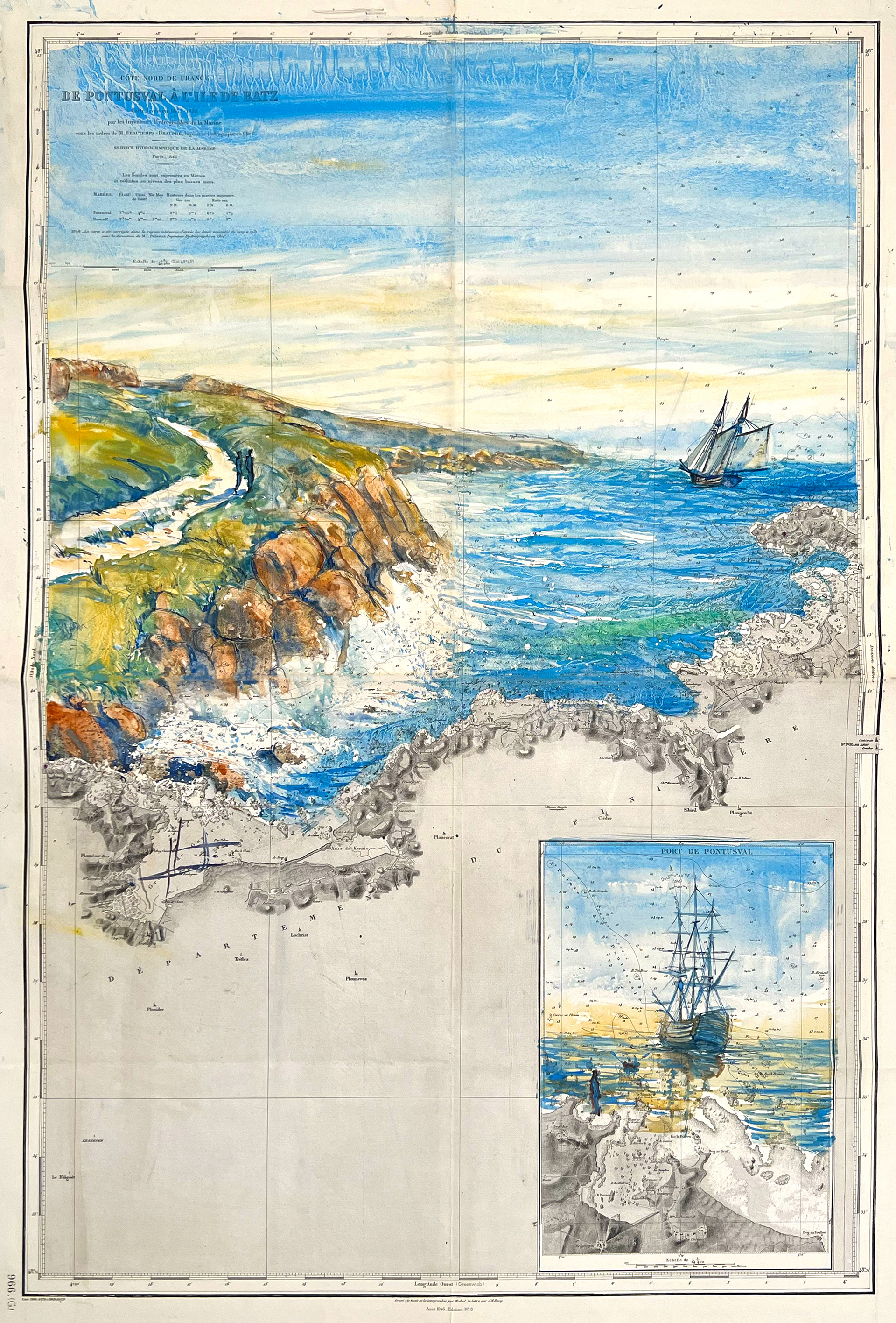 Chemin cotier - De Pontusval à la pointe de Batz. Aquarelle sur carte marine - 60/90 cm