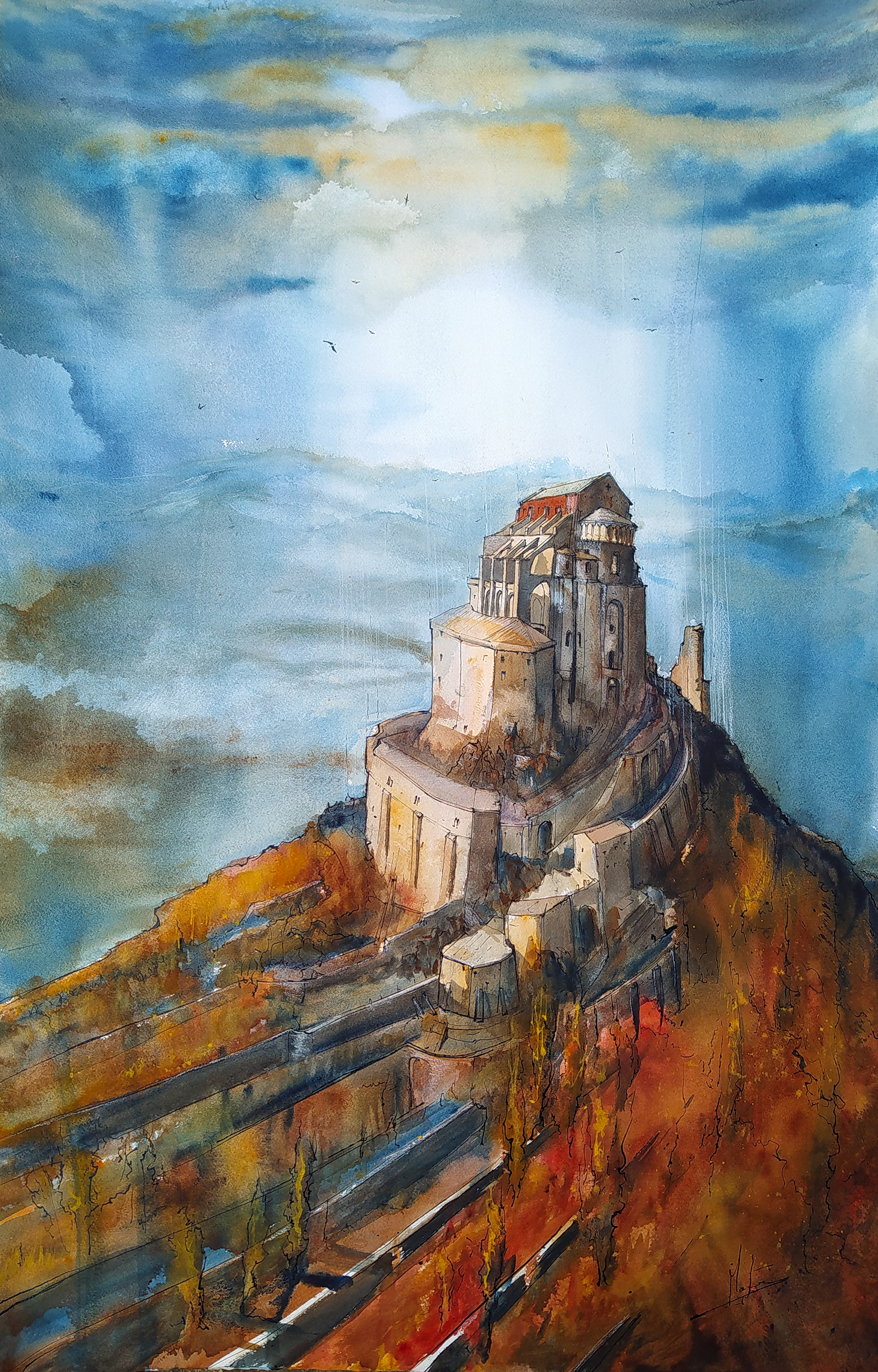 Mont Sacra di San Michele, Italie. Dessin aquarelle et encre de chine