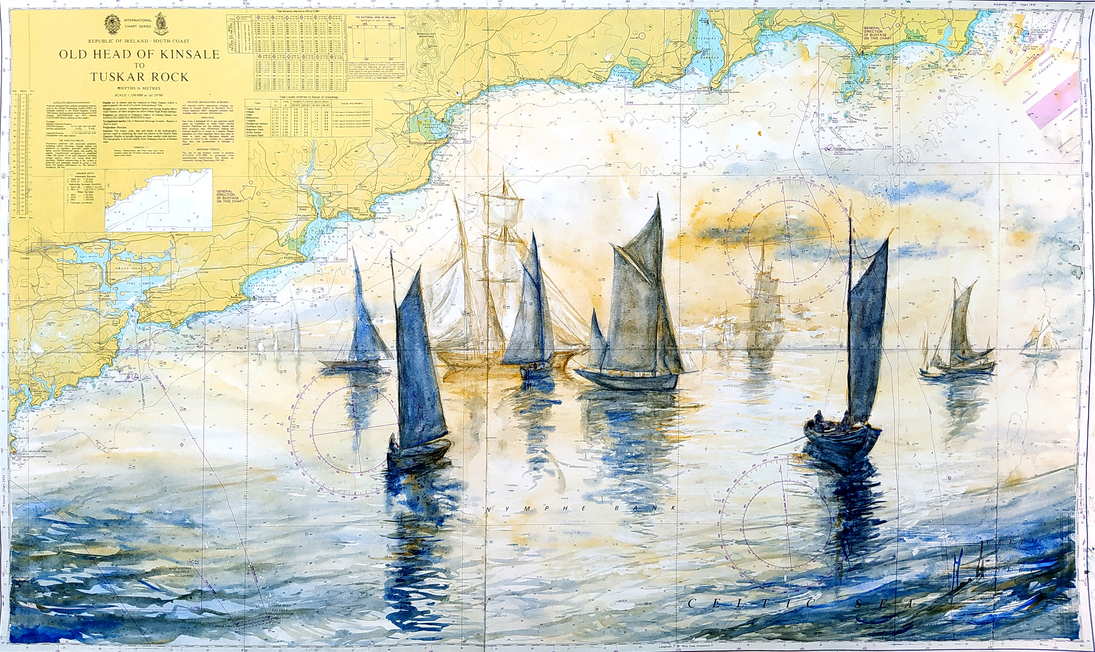 Mer calme sur la côte sud de l'Irlande. De Kinsale à Tuskar Rock Aquarelle sur carte marine 112/70 cm.