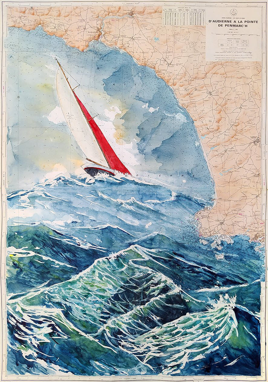 "Leviathan" Aquarelle et encre de chine. Carte sud du Finistère (d'Audierne à la pointe de Penmarch)