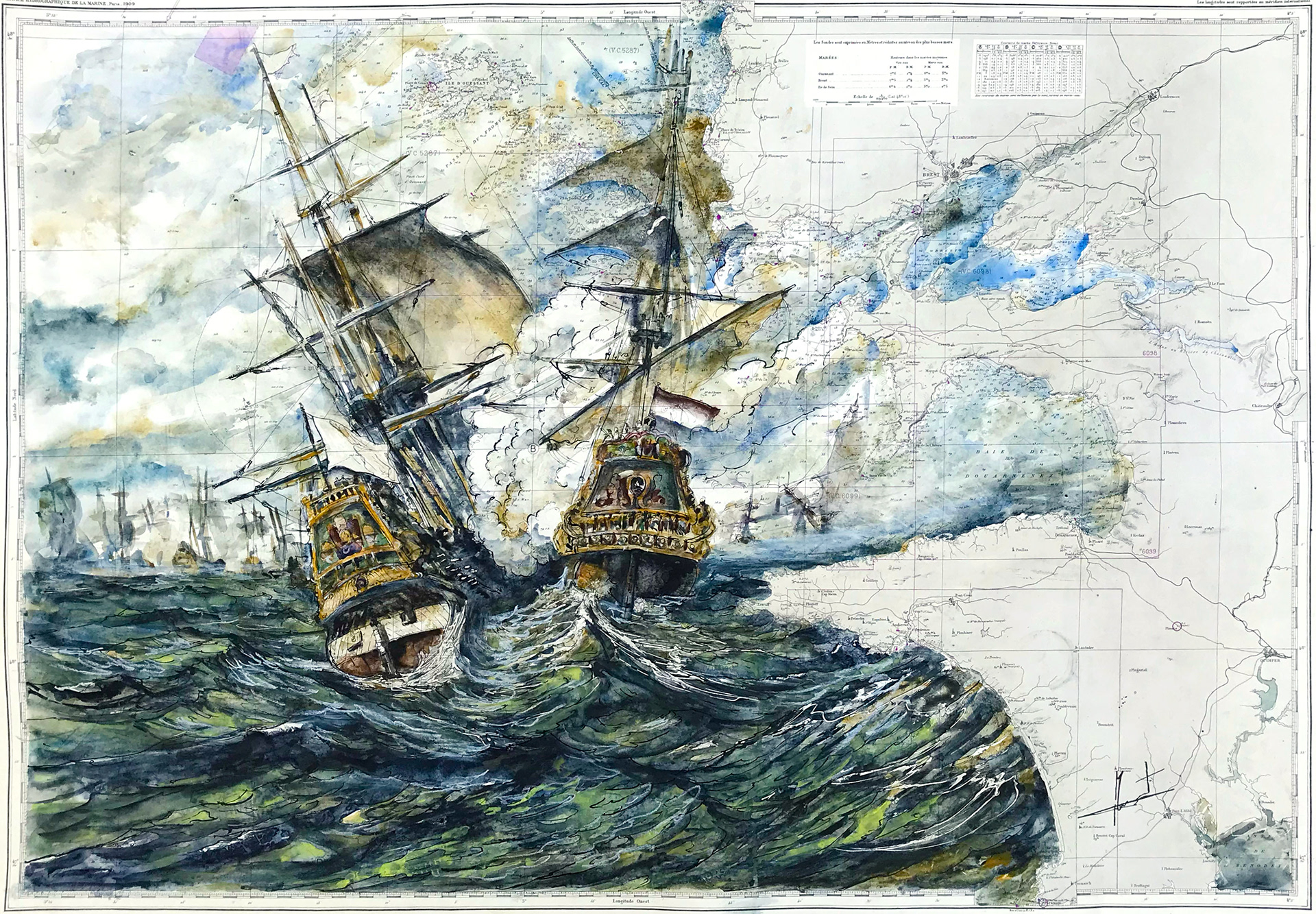 D'après la bataille de Texel de Eugène Isabey. Aquarelle et encre de chine sur carte marine de la cote Finistère. Format : 100/70 cm.