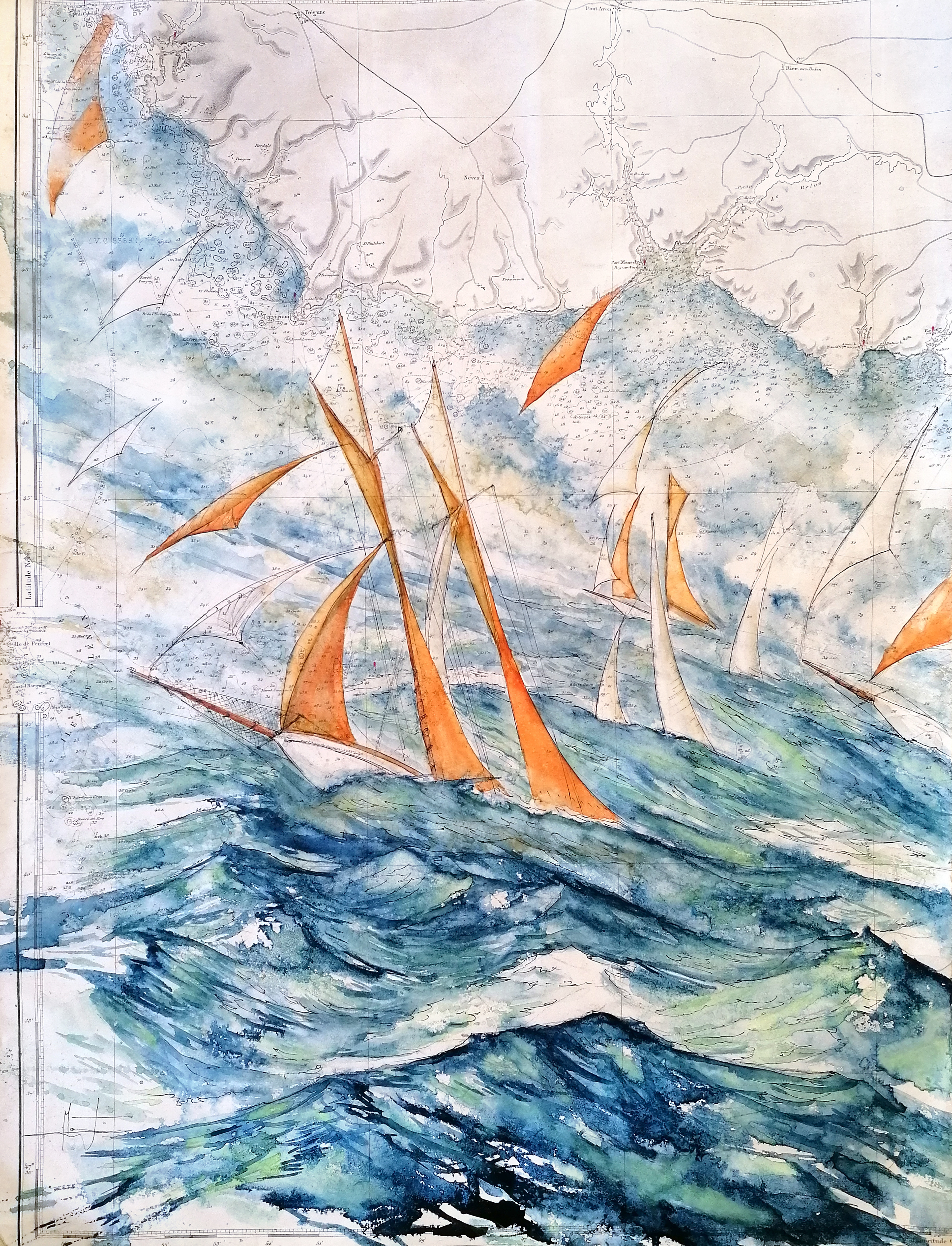 Goélettes en mer, des îles Glenan à Port Manech. Aquarelle et encre sur carte Shom. Format : 49/69 cm