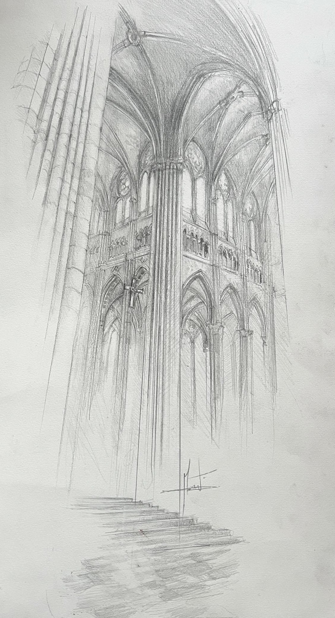 Croquis au crayon : croisée du transept de la cathédrale de Chartres