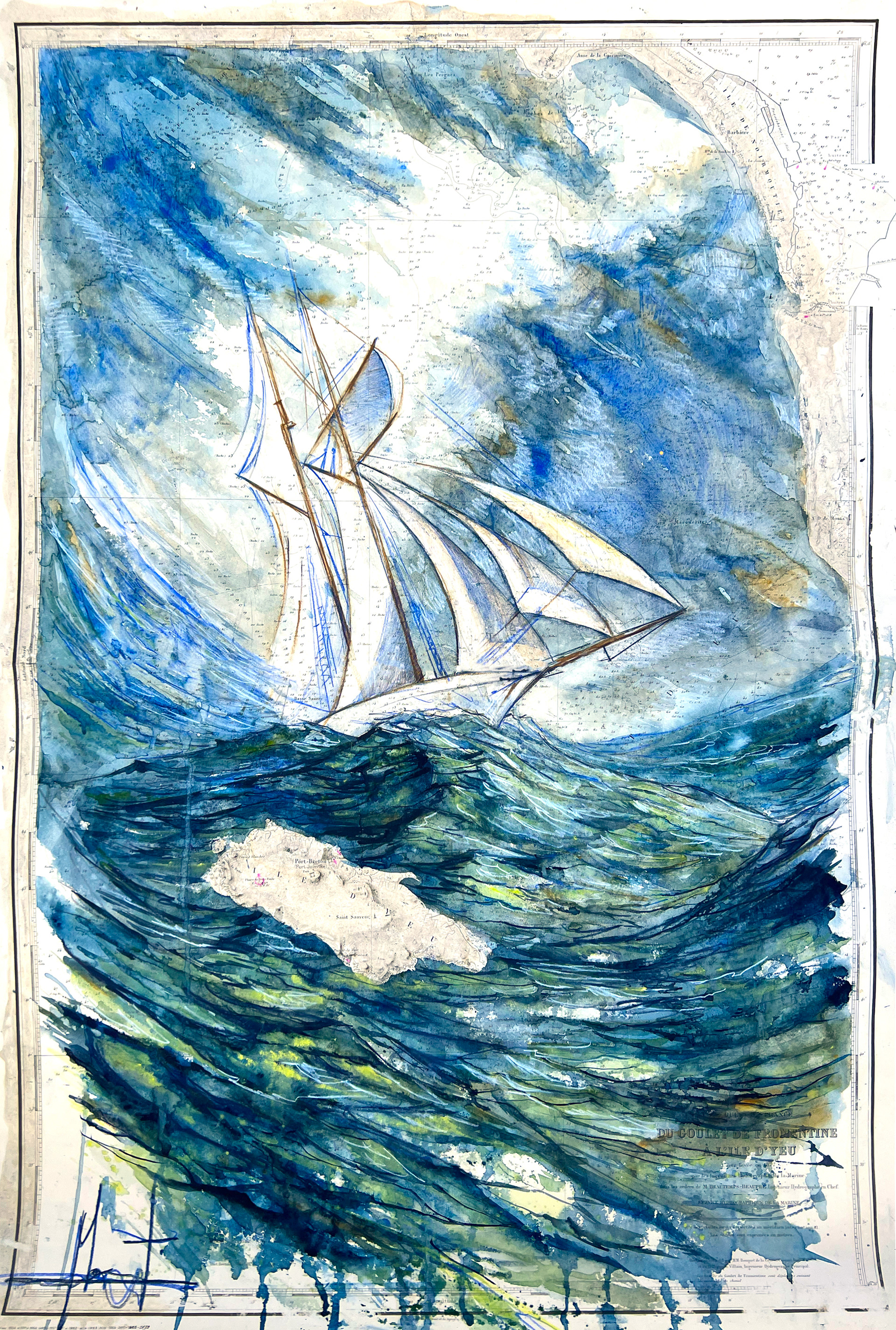 Ile d'Yeu - peinture aquarelle sur carte marine