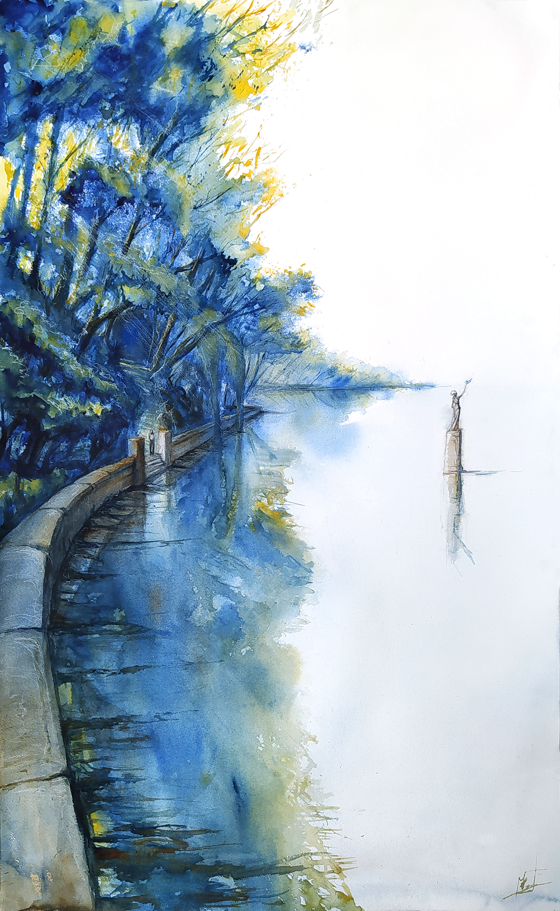 Scène de calme sur un lac clair avec des arbres bleutés à l'aquarelle