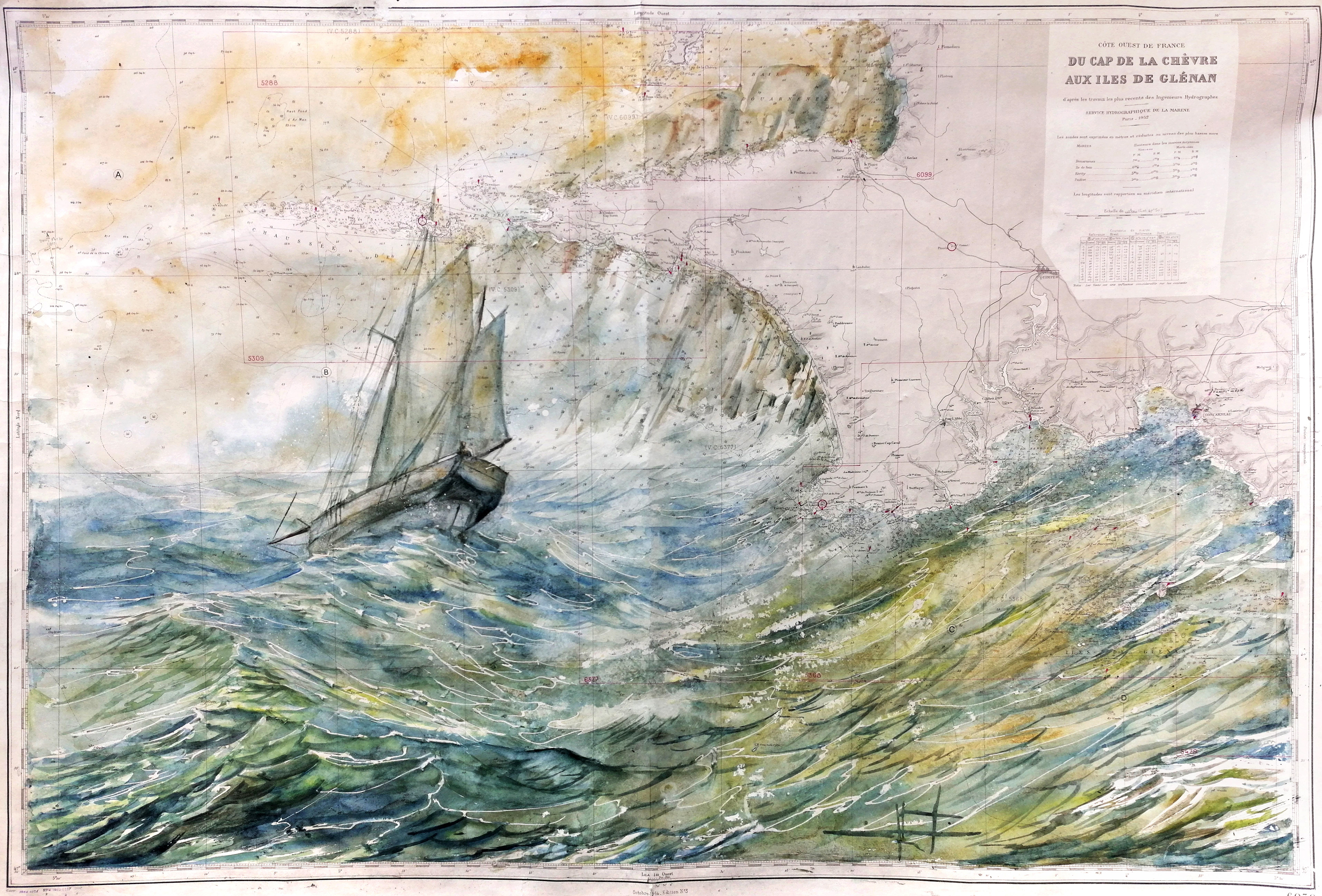 Du Cap de la chèvre aux îles de Glénan - Carte marine peinte à l'aquarelle. 100/70 cm.