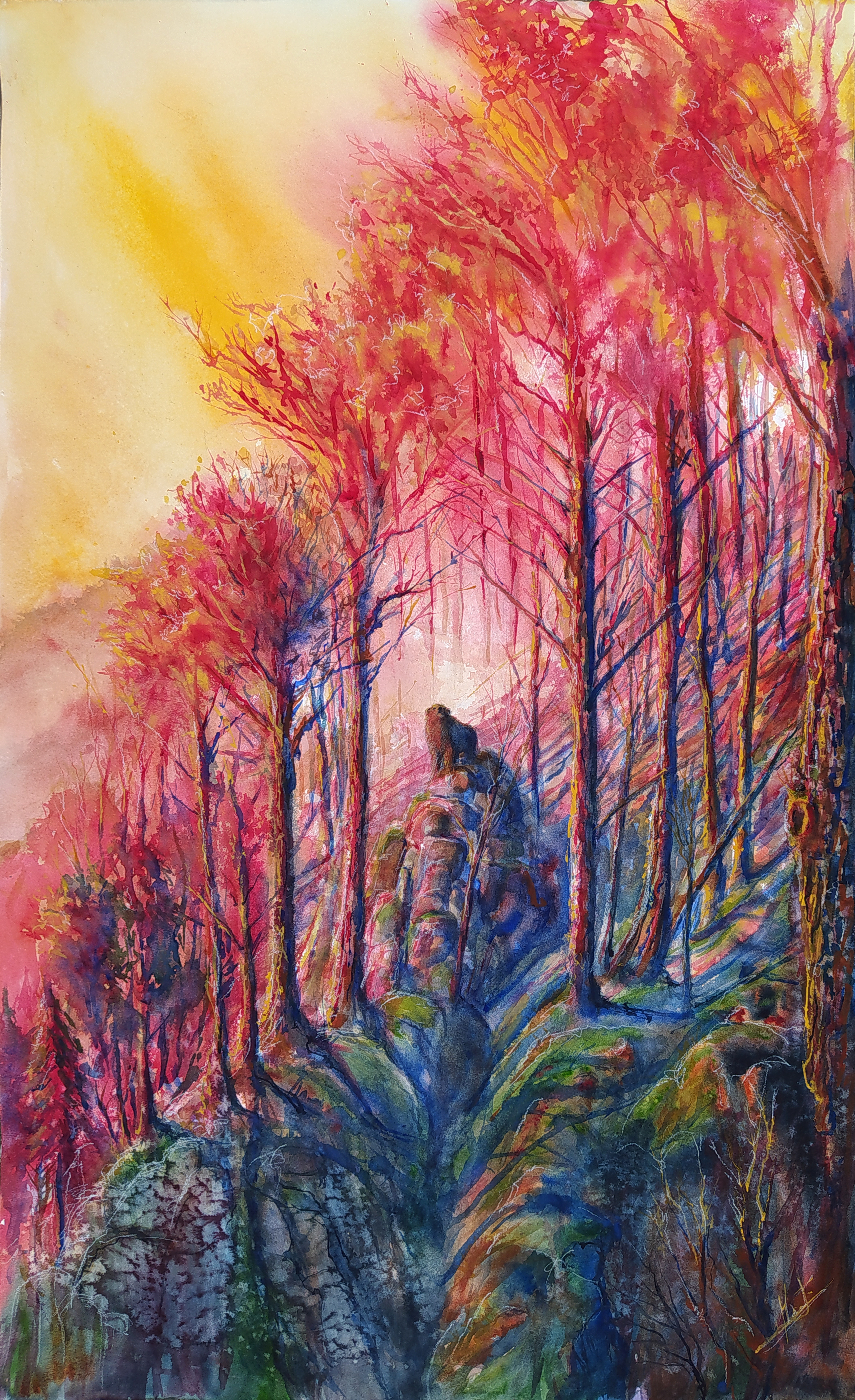 Scène de vie sauvage peinte par Arnaud MArtin à l'aquarelle avec des couleurs vives et lumineuses. Un ours dressé sur un rocher au milieu d'une forêt de montagne