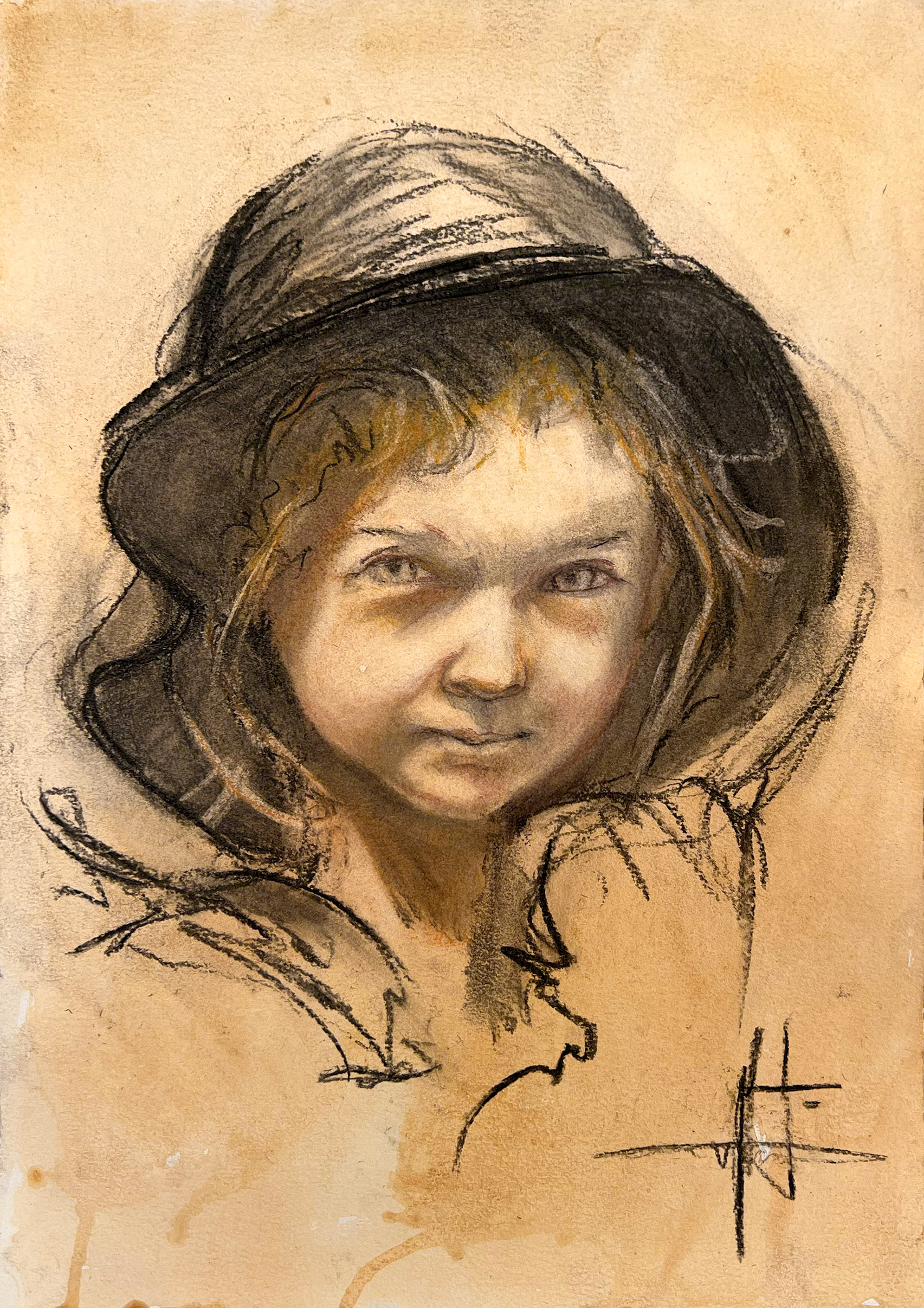 Portrait fusain et craie sur papier teinté