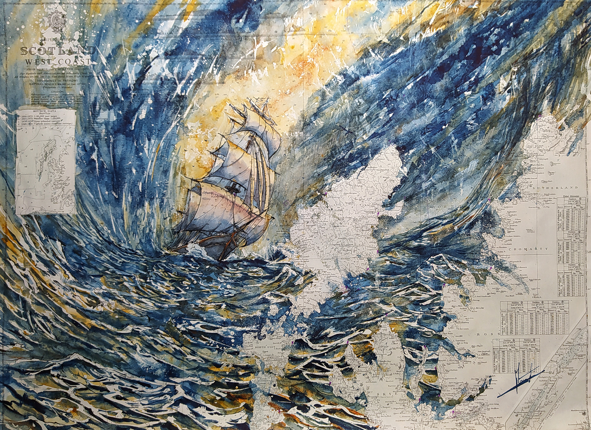 L'explorateur - Grand voilier sur la cote Nord-ouest de l'Ecosse. Aquarelle et encre de chine.