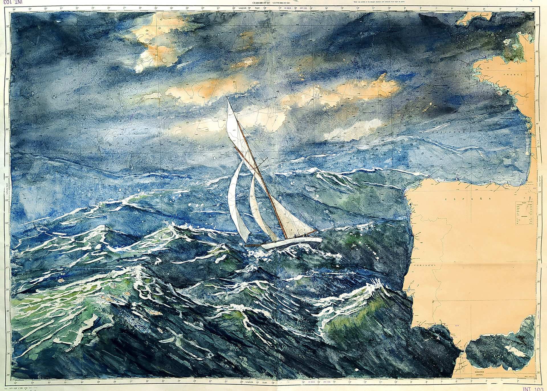 Atlantique (de Brest à l'archipel des Açores) : La 16 e de la collection des Cartes Marines. Aquarelle et encre de chine 110/80 cm (commande)