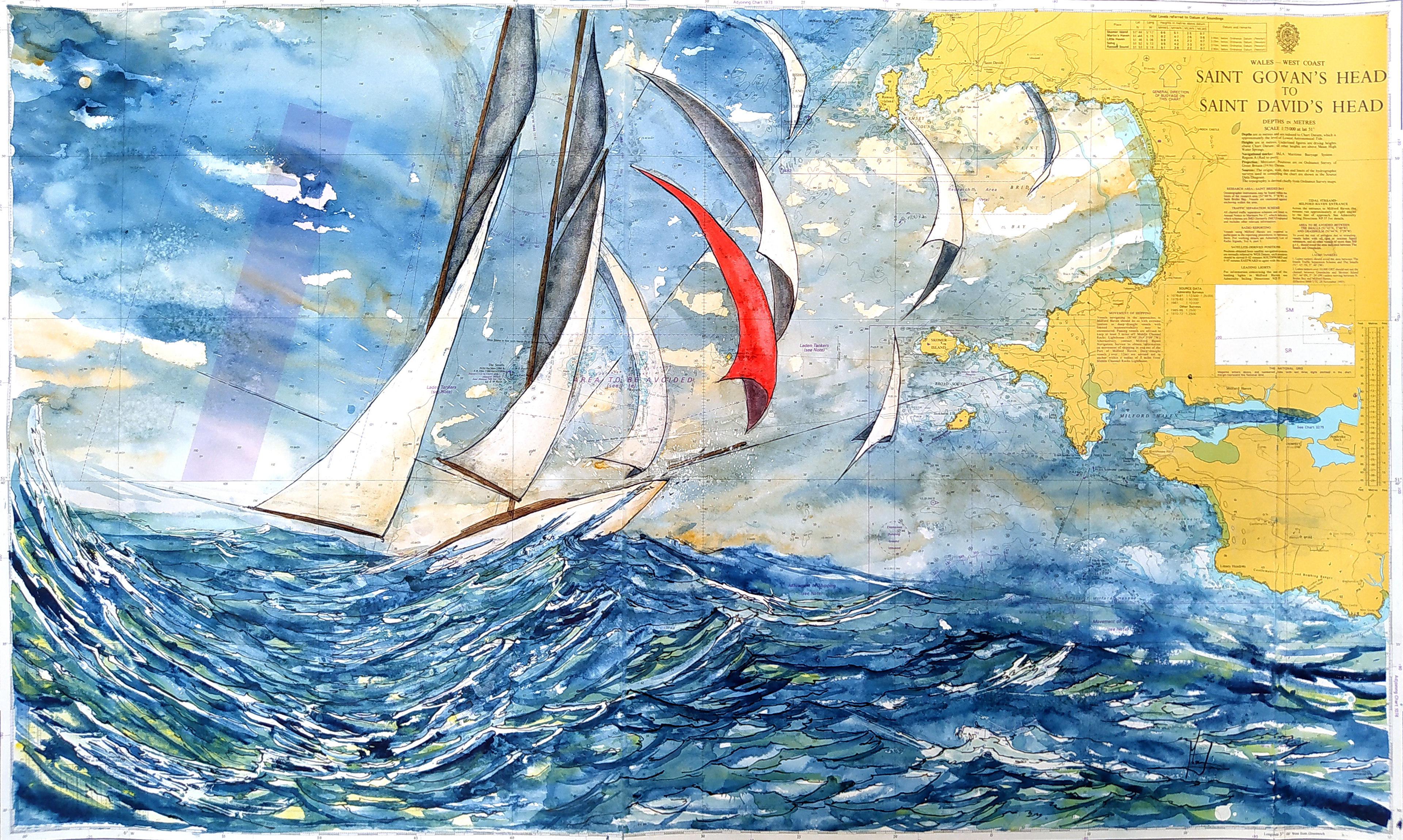 Saint Brides Bay Technique : aquarelle et encre de chine sur carte nautique Format : 110/66 cm.