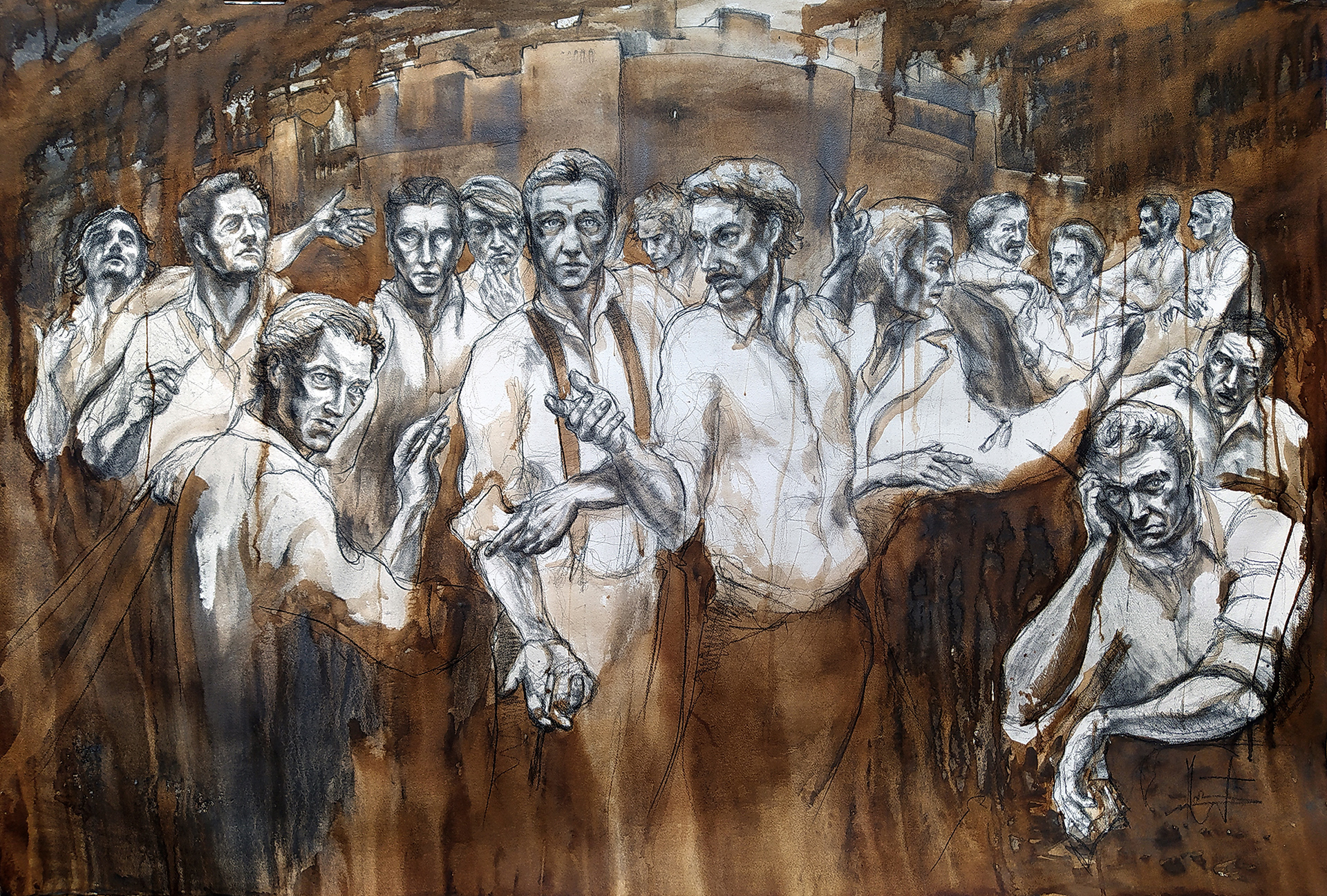 Dessin à la graphite, à la pierre noire et au brou de noix. Sujets, modèles vivants. Portraits