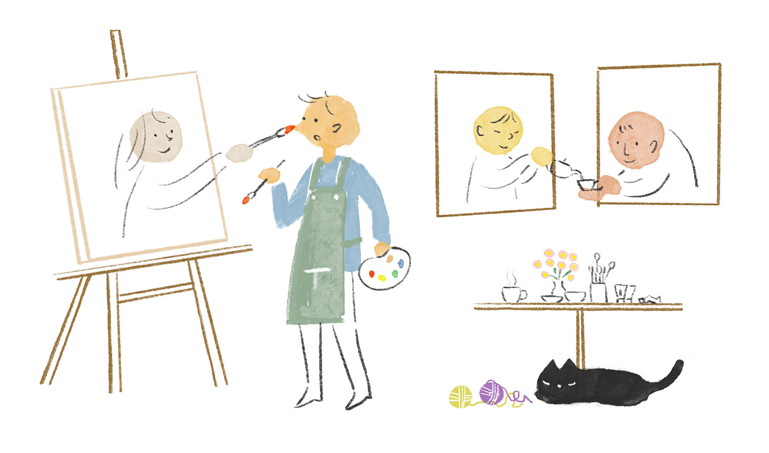 絵描きとキャンバスの中で動く人物画、アトリエの教室のための挿絵