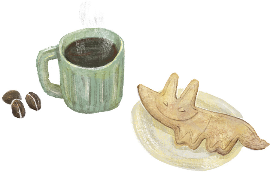 コーヒーとコーギー型のクッキー、メニュー表のための挿絵