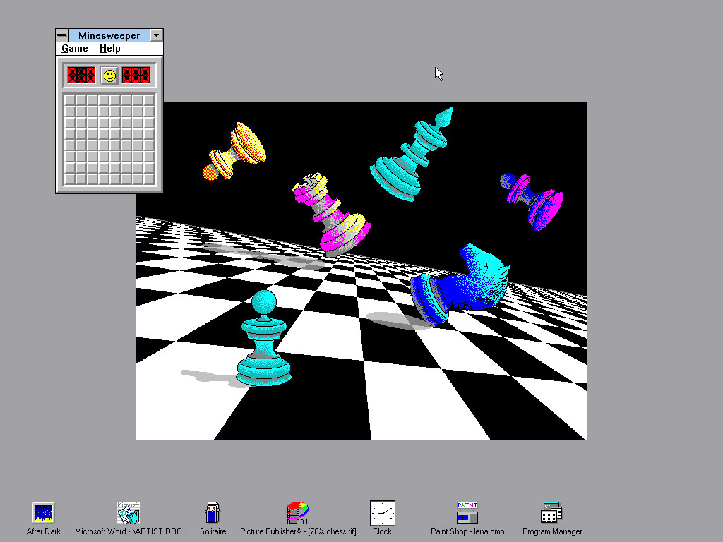 A Windows 3.0 system with CHESS.BMP set as the background