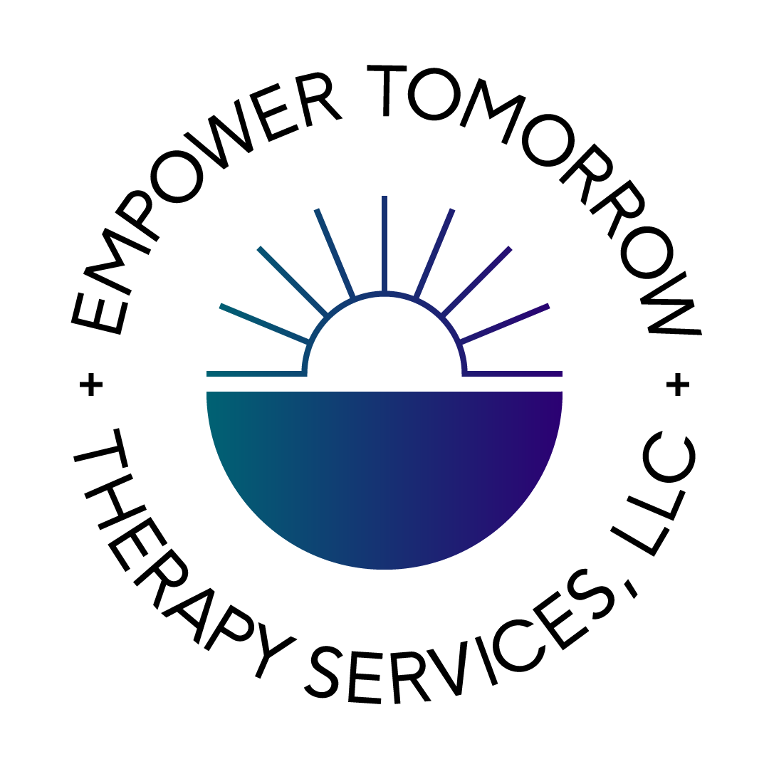 Final main logo is circular with "Empower Tomorrow Therapy Services" in black wrapped around. Empower Tomorrow is on top, Therapy Services is on bottom. One small plus sign is on each left and right side of circles dividing the text. In the center is a half sun shape, and half circle shape with a teal-purple gradient.