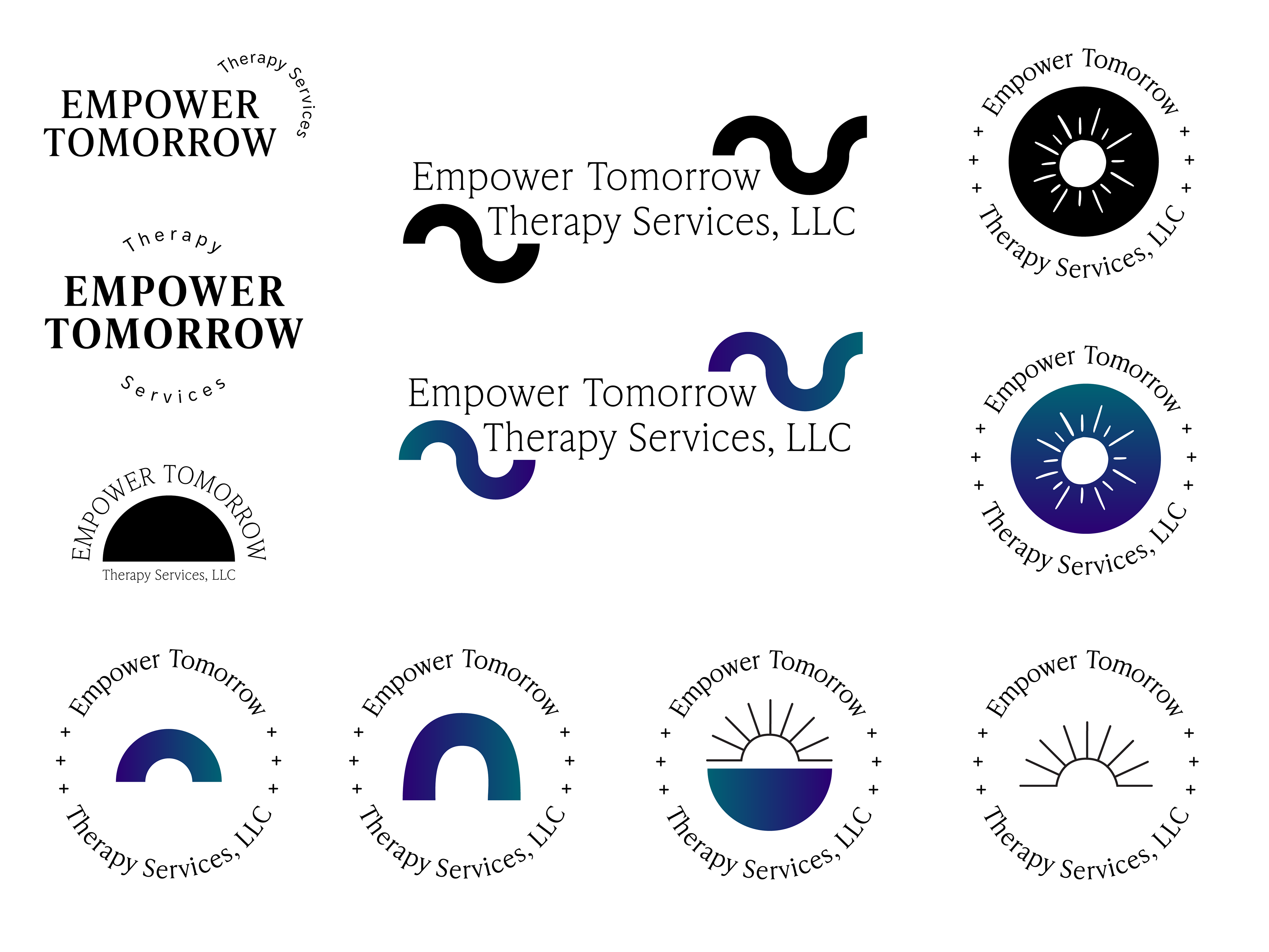 Logo iterations with a variety of fonts and sun or half circle shapes.