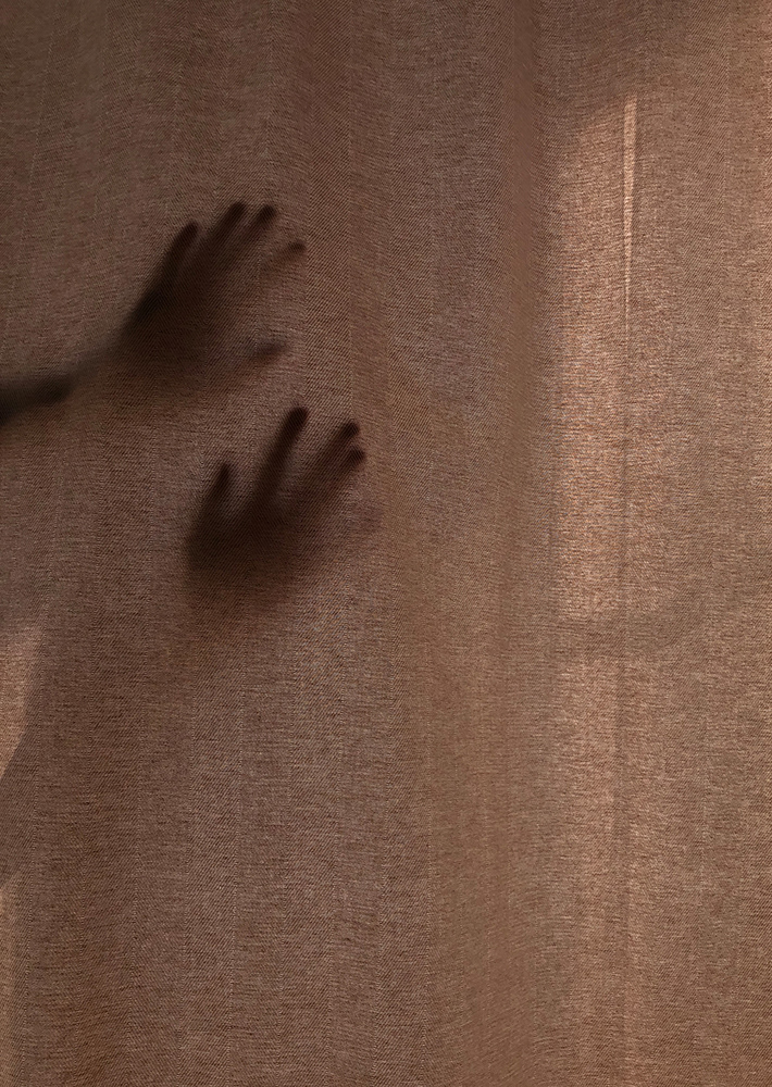 Silhouetten zweier Hände, die durch einen Vorhangstoff scheinen, Foto von Oxana Guryanova