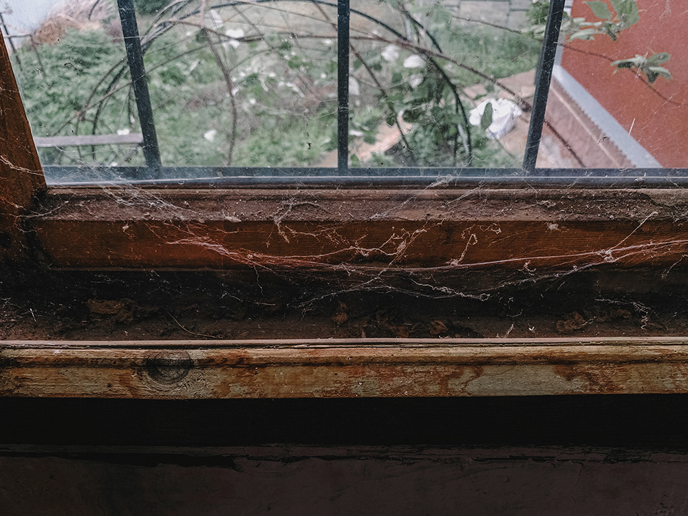 Holzfensterrahmen, bedeckt mit Staub und Spinnweben, Oxana Guryanova