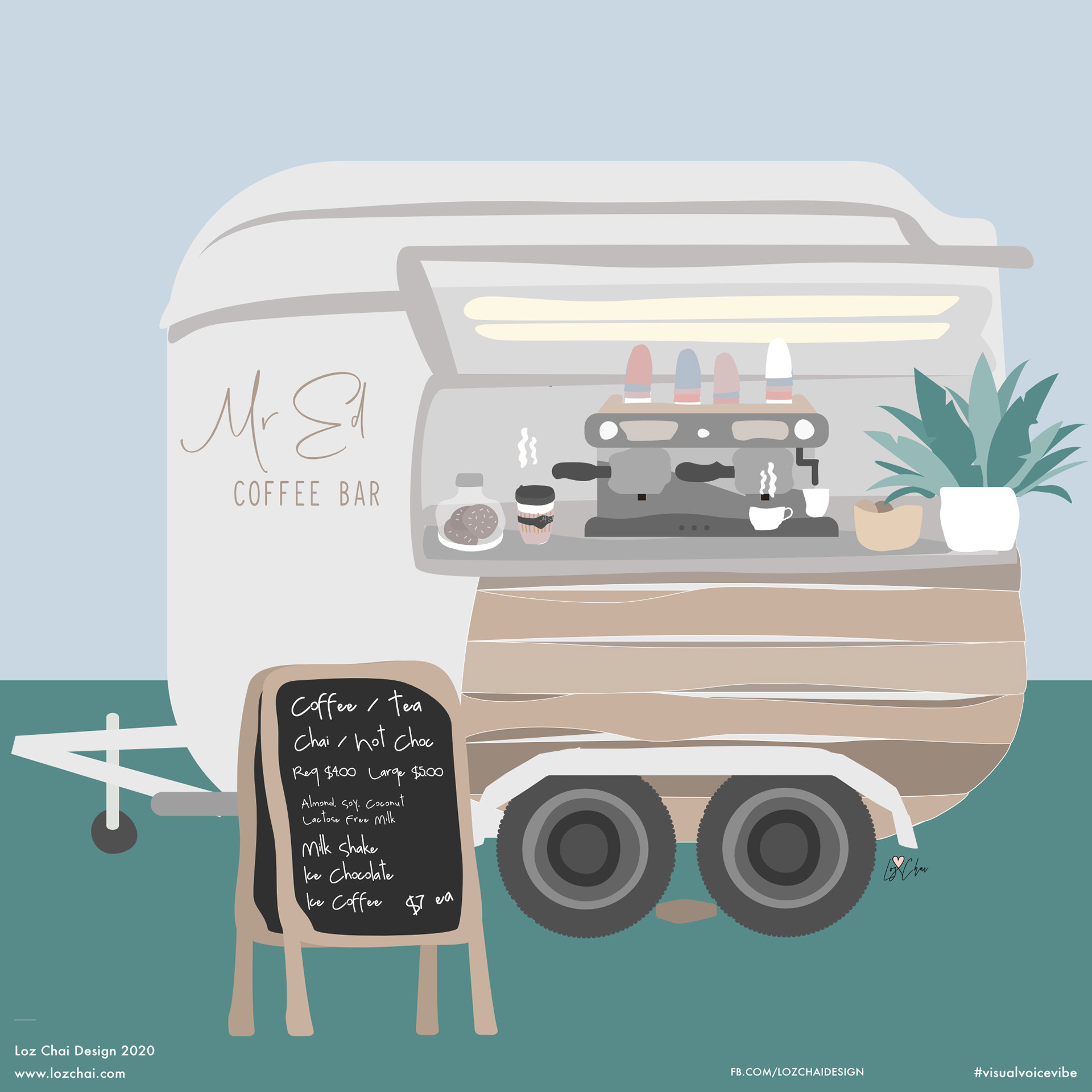 Brand illustrations custom creative content, loz chai design, mornington peninsula graphic and brand designer. Mr Ed Coffee Bar. Identity design packages, content design., logos, collateral and more. Melbourne, Vic
