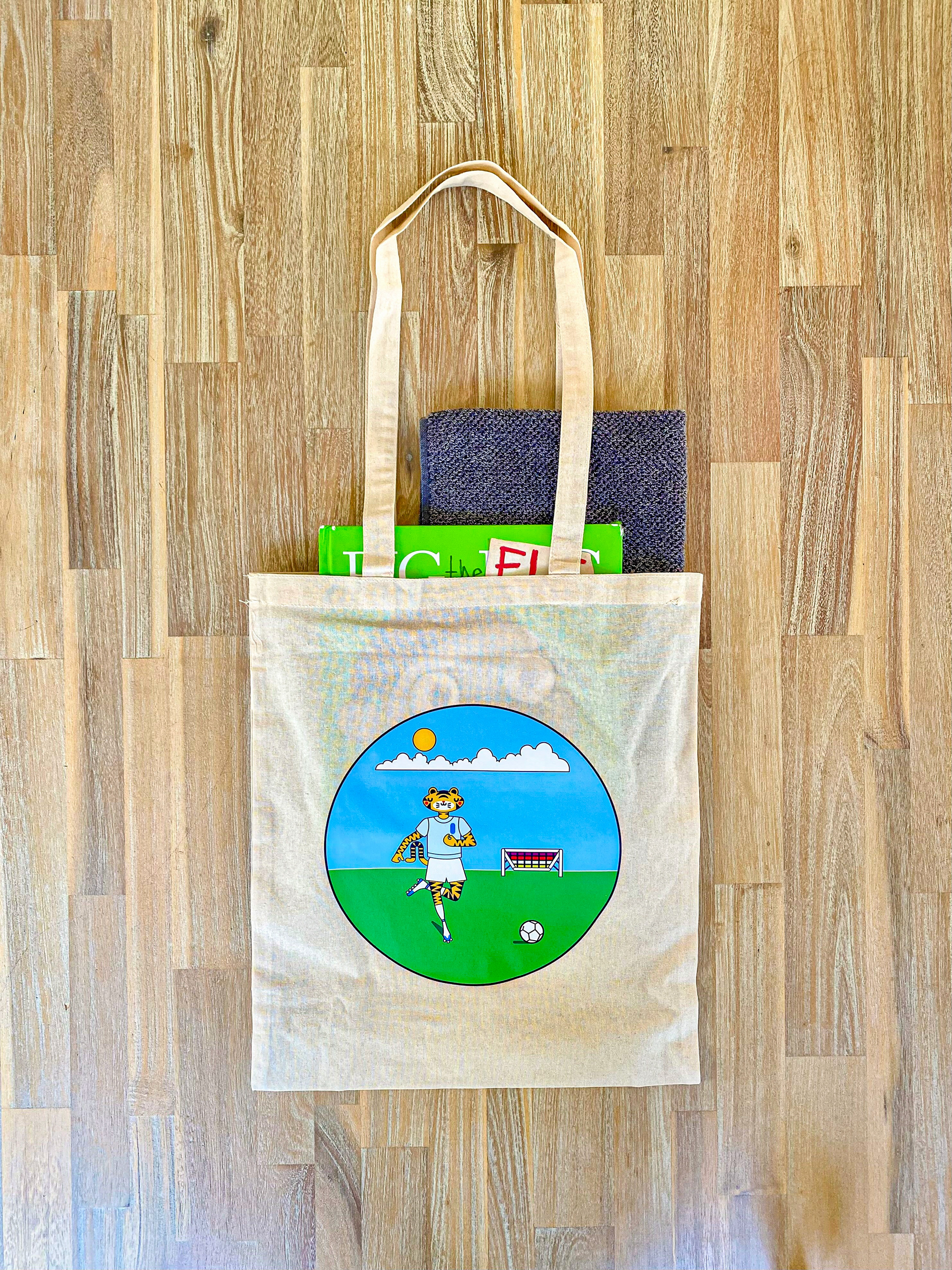 Tiger Playing Football Tote Bag With Props.