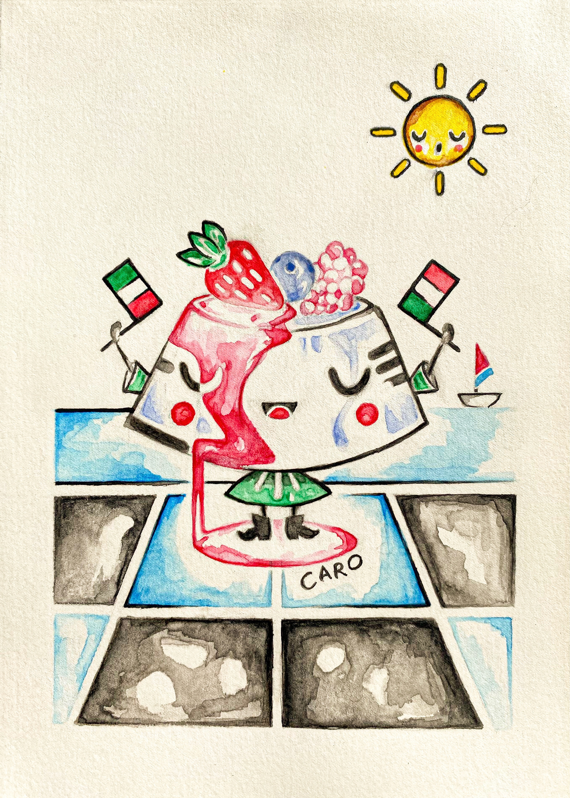 Panna Cotta Chic, watercolour on paper, 7 x 5 inches, 2023.